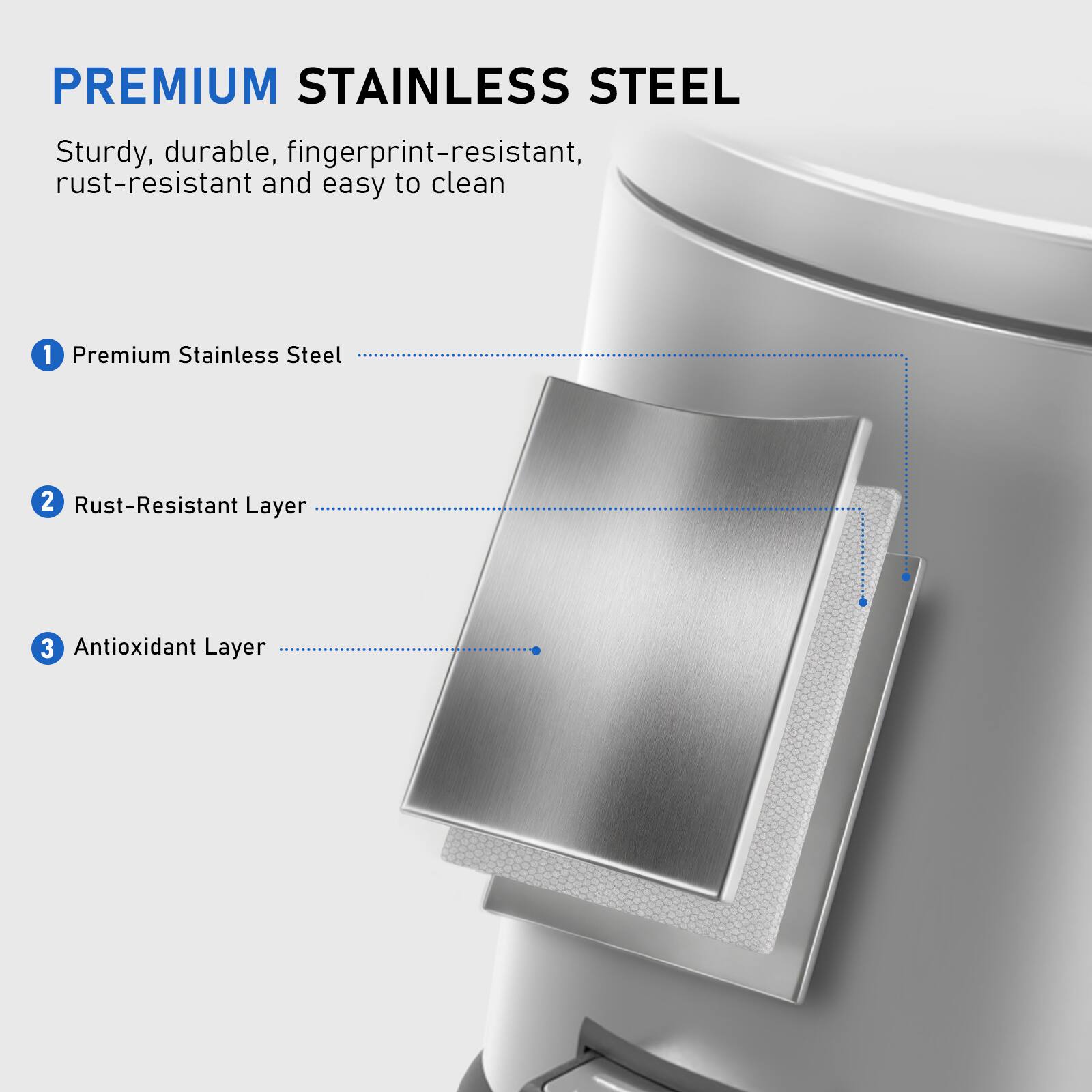 PREMIUM STAINLESS STEEL

Sturdy, durable, fingerprint-resistant, rust-resistant and easy to clean

1. Premium Stainless Steel
2. Rust-Resistant Layer
3. Antioxidant Layer