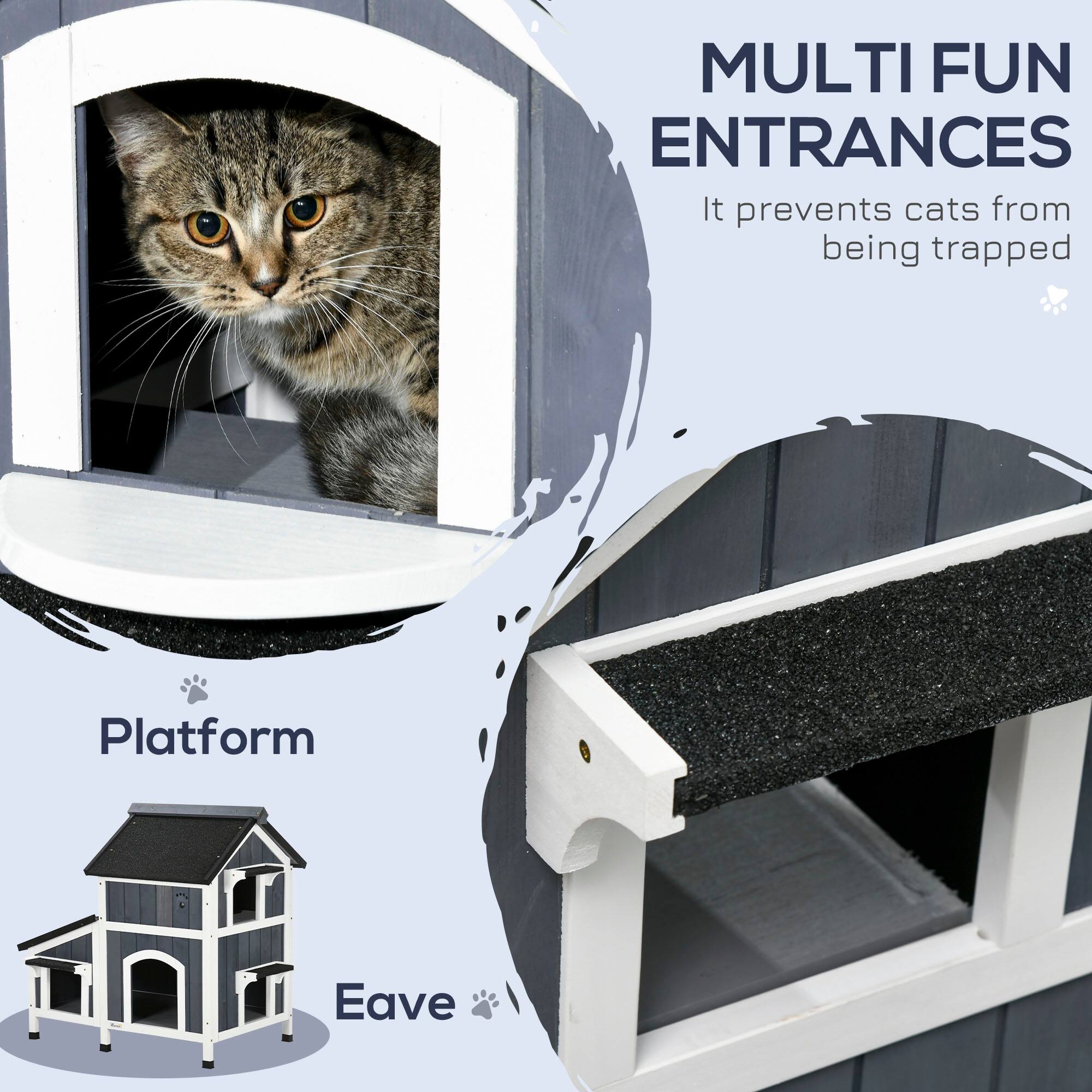 MULTI FUN ENTRANCES  
It prevents cats from being trapped  

Platform  
Eave