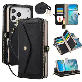 Dteck - Leather Wallet Phone Case for Apple iPhone 17 Pro with Crossbody Strap, Shockproof Zipper Pocket Mirror Stand Cover - Black