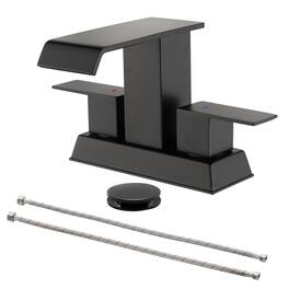 Black 4 Inch Centerset Faucet SUS304 Waterfall Spout 1.2GPM Dual Handle Pop Up Drain