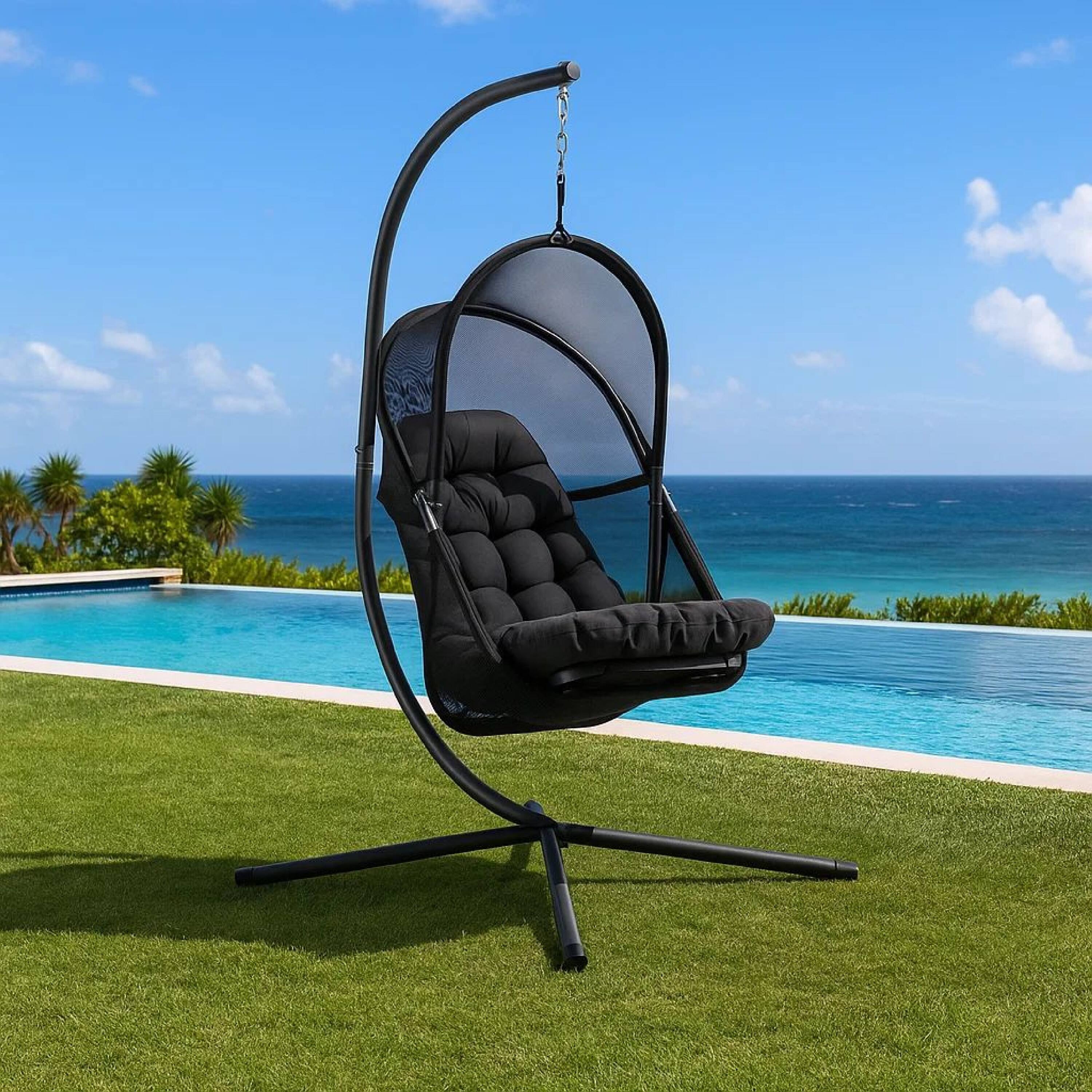 Alt View 8. Manhattan Lane - Bery Outdoor Swing Chair with Foldable Stand, Coastal Black Cushion - Black.