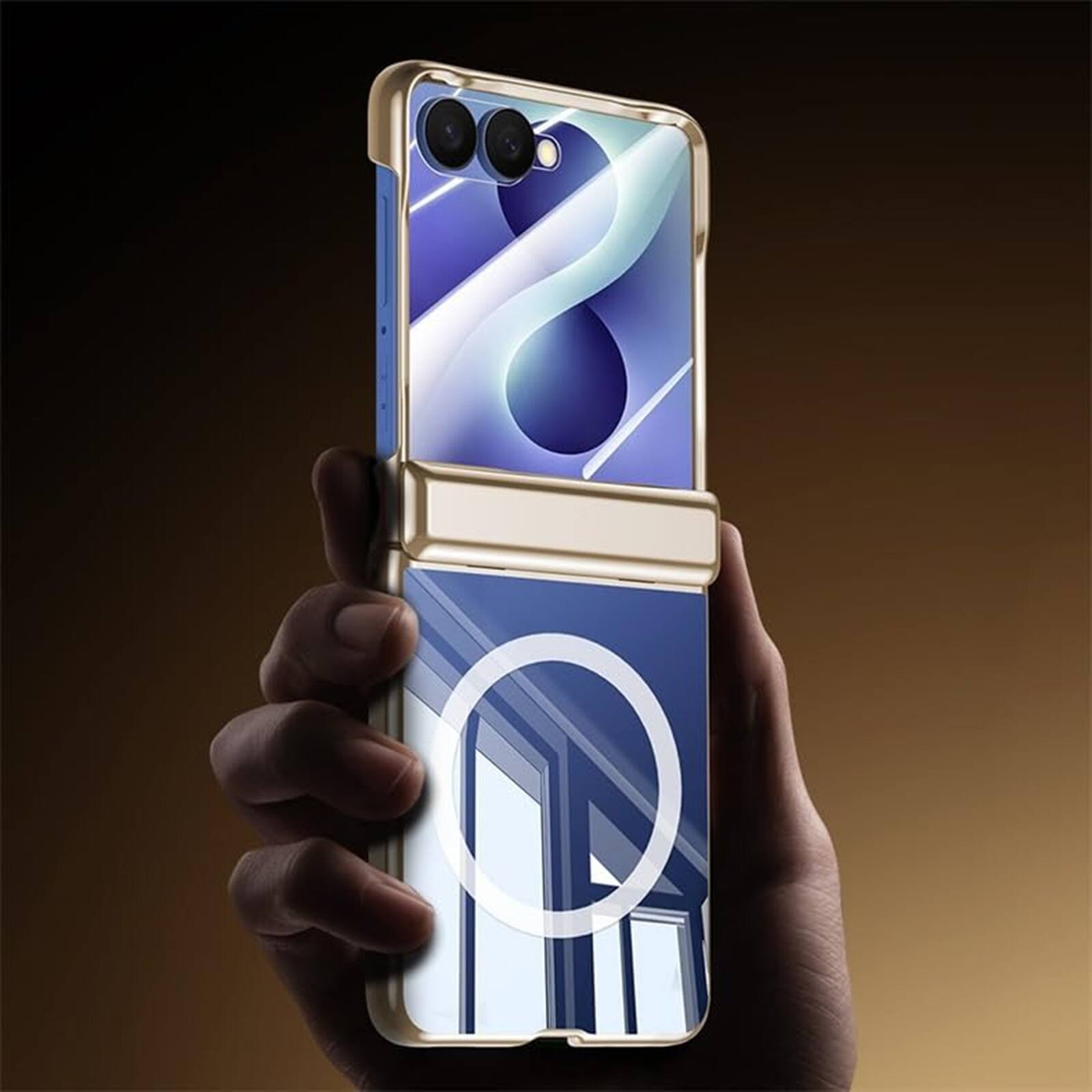 Left. Dteck - For Samsung Galaxy Z Flip8 Clear Case Shockproof Fold Kickstand Hinge Protection Cover Built-in Screen Protector - Gold(privcy film).