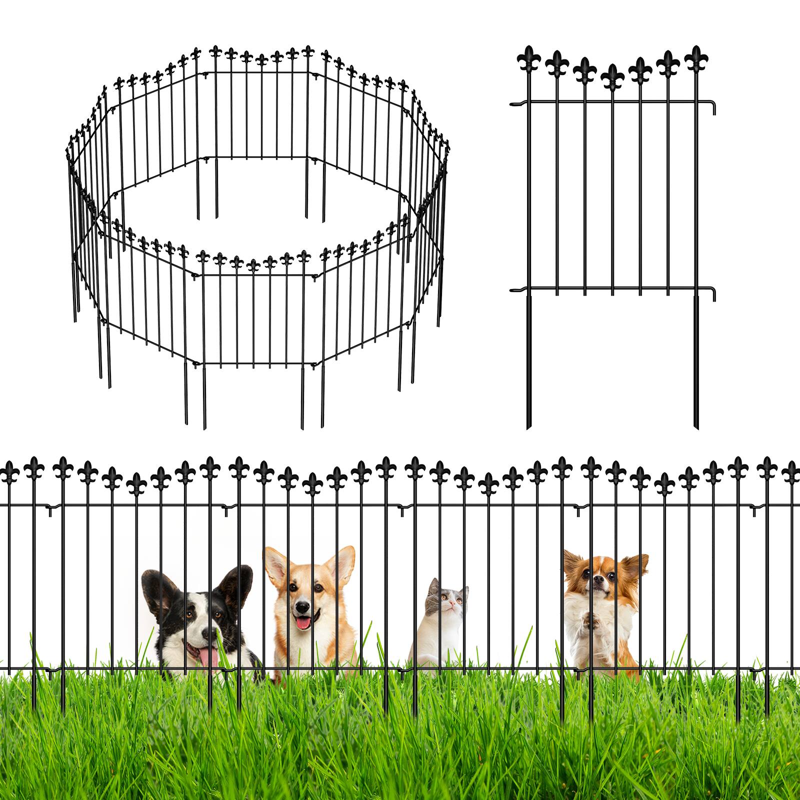 Oumilen - 10-Pack Decorative Garden Fence Panels, 24in Tall Black Metal Fence with Fleur-de-Lis Top