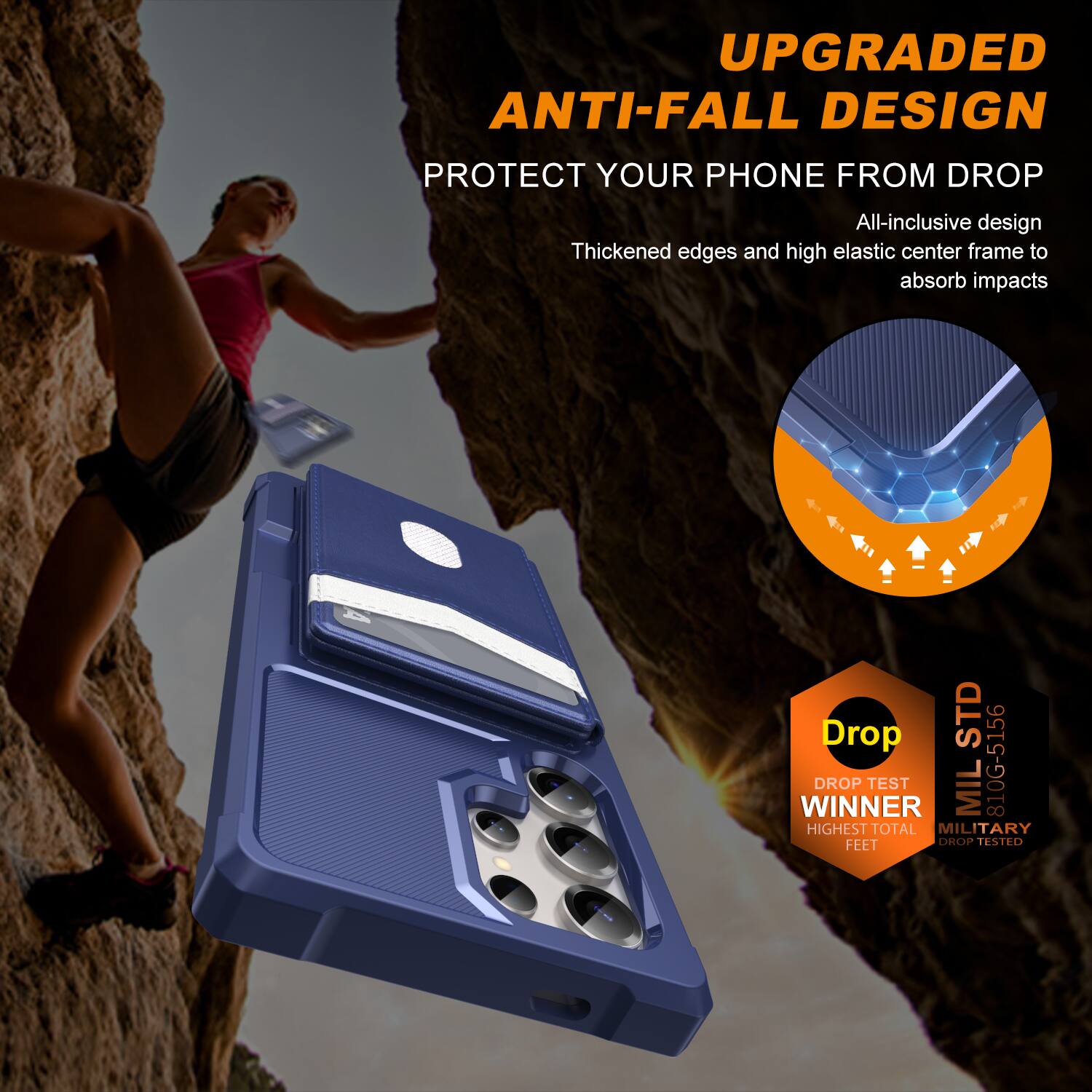 UPGRADED ANTI-FALL DESIGN  
PROTECT YOUR PHONE FROM DROP  

All-inclusive design  
Thickened edges and high elastic center frame to absorb impacts  

Drop TEST WINNER  
MIL 810G-5166  
HIGHEST TOTAL MILITARY FEET DROP TESTED