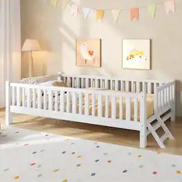 Whisen - Twin Size Wood Platform Bed with Full-Surrounding Guardrails, Sturdy Kids' Bed Frame - White