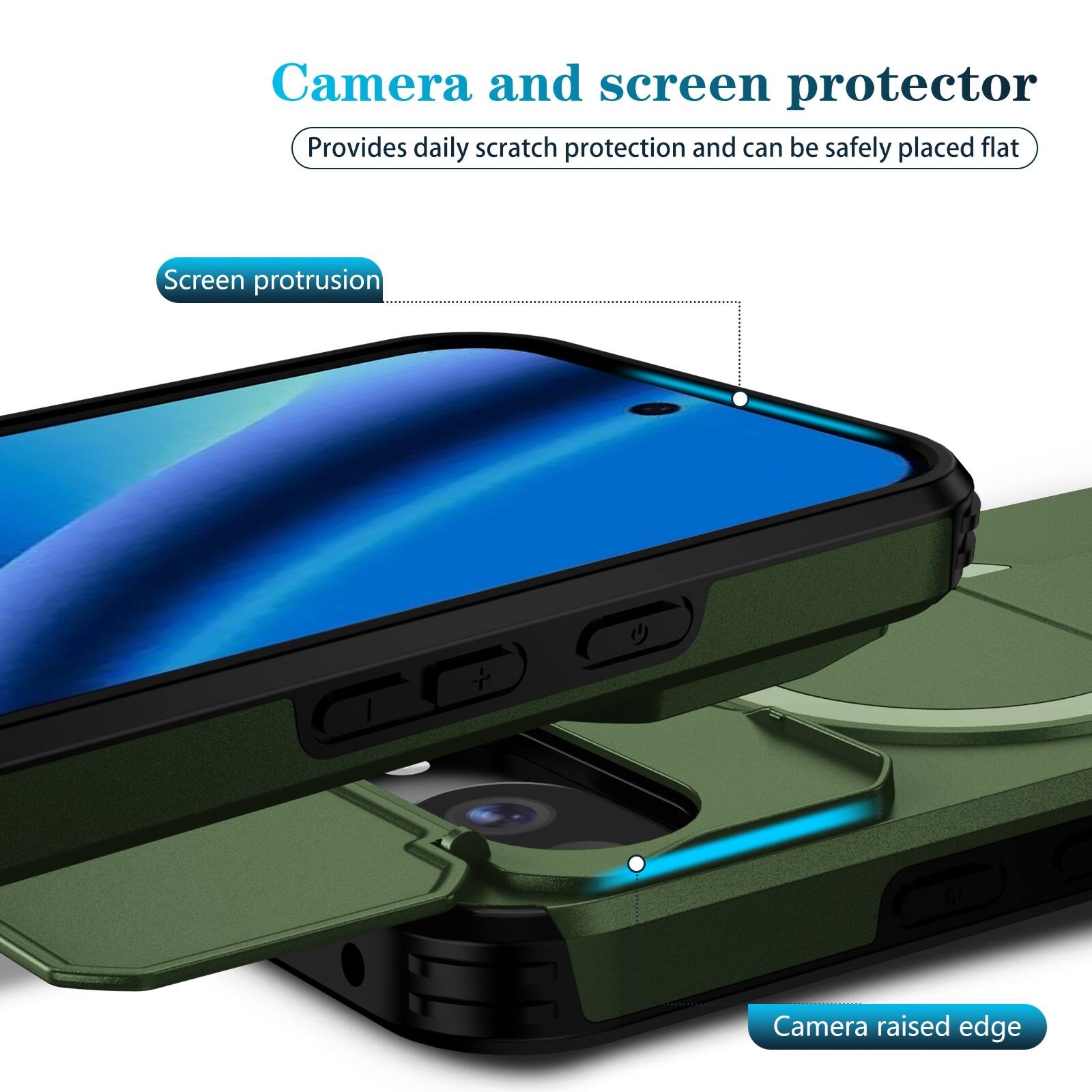 Camera and screen protector  
Provides daily scratch protection and can be safely placed flat  

Screen protrusion  
Camera raised edge