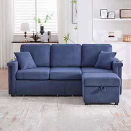 Trinkets Crazed - 76" L Shaped Sectional Couches with Storage Ottoman, 3 Seater Corduroy Sofa with 2 Drawers - Navy