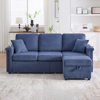 Front. Trinkets Crazed - 76" L Shaped Sectional Couches with Storage Ottoman, 3 Seater Corduroy Sofa with 2 Drawers - Navy.