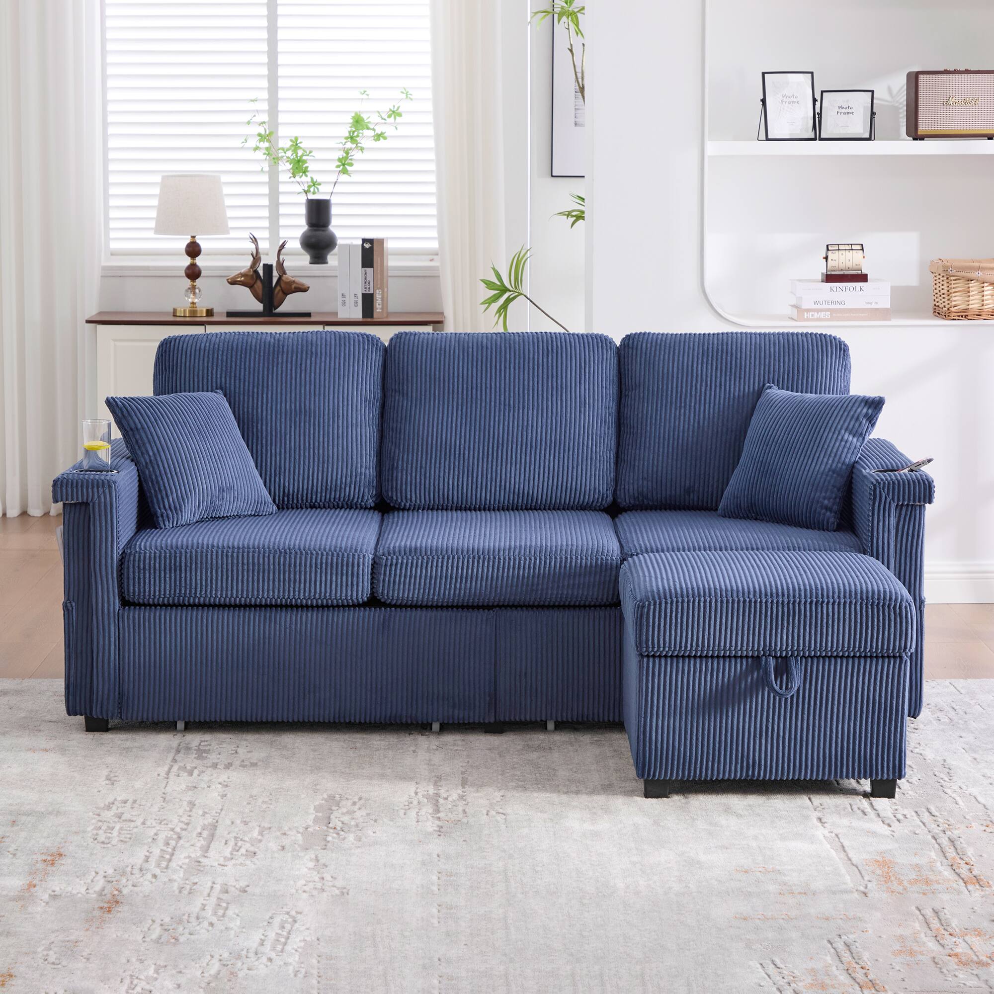 Trinkets Crazed - 76" L Shaped Sectional Couches with Storage Ottoman, 3 Seater Corduroy Sofa with 2 Drawers - Navy