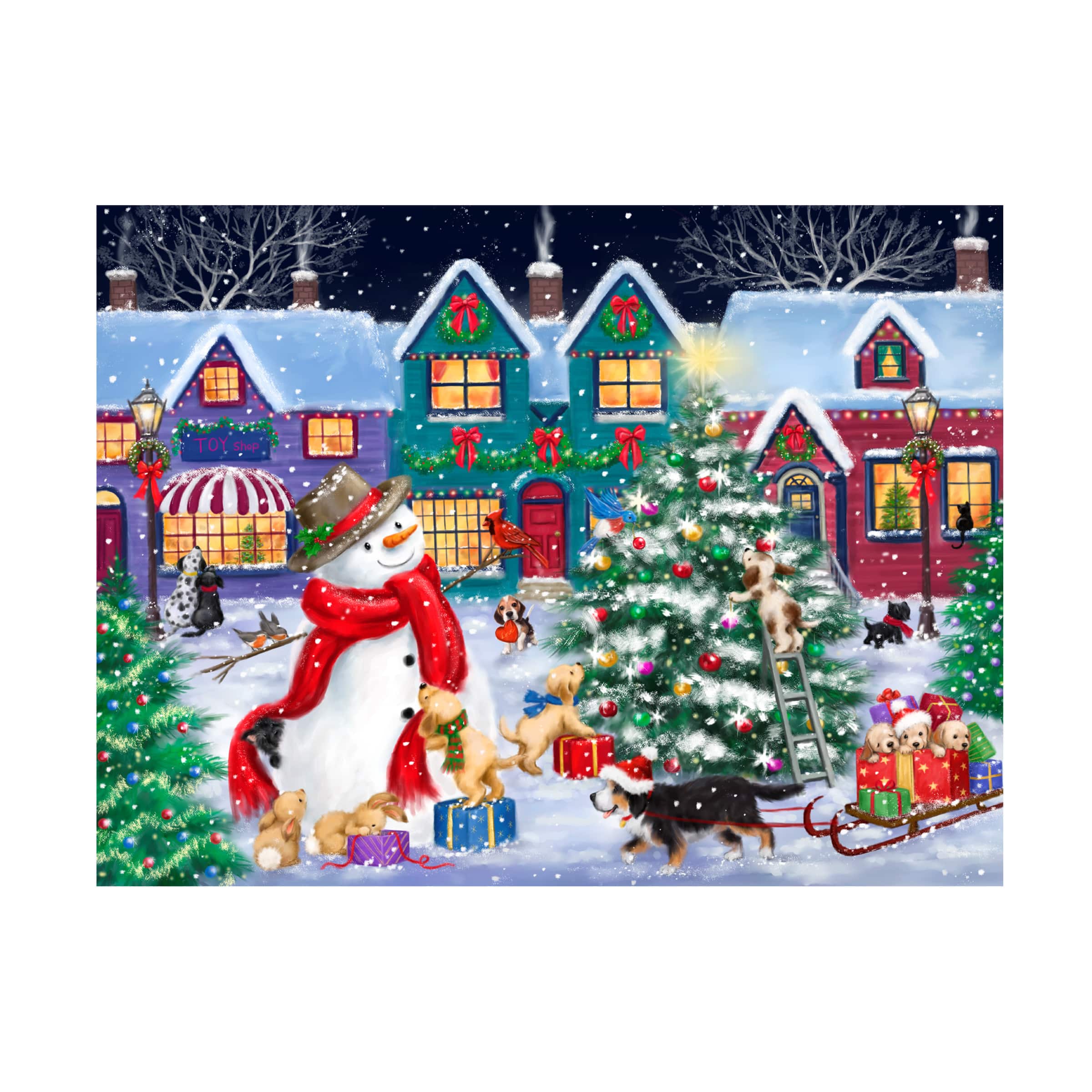 Trademark Fine Art - MAKIKO Snowman And Dogs Christmas Street Canvas Art - 14x19 - Multicolor