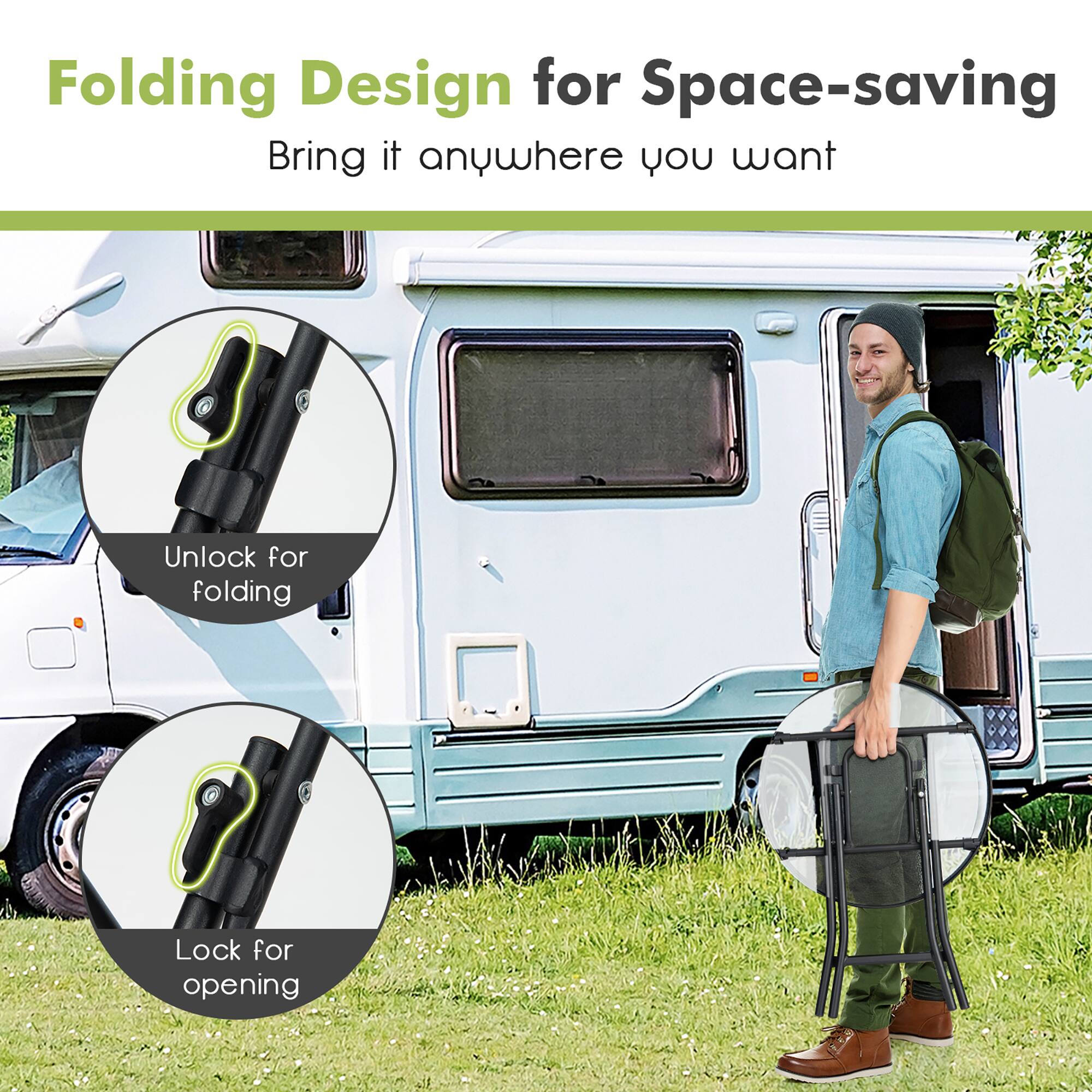 Folding Design for Space-saving  
Bring it anywhere you want  

Unlock for folding  
Lock for opening