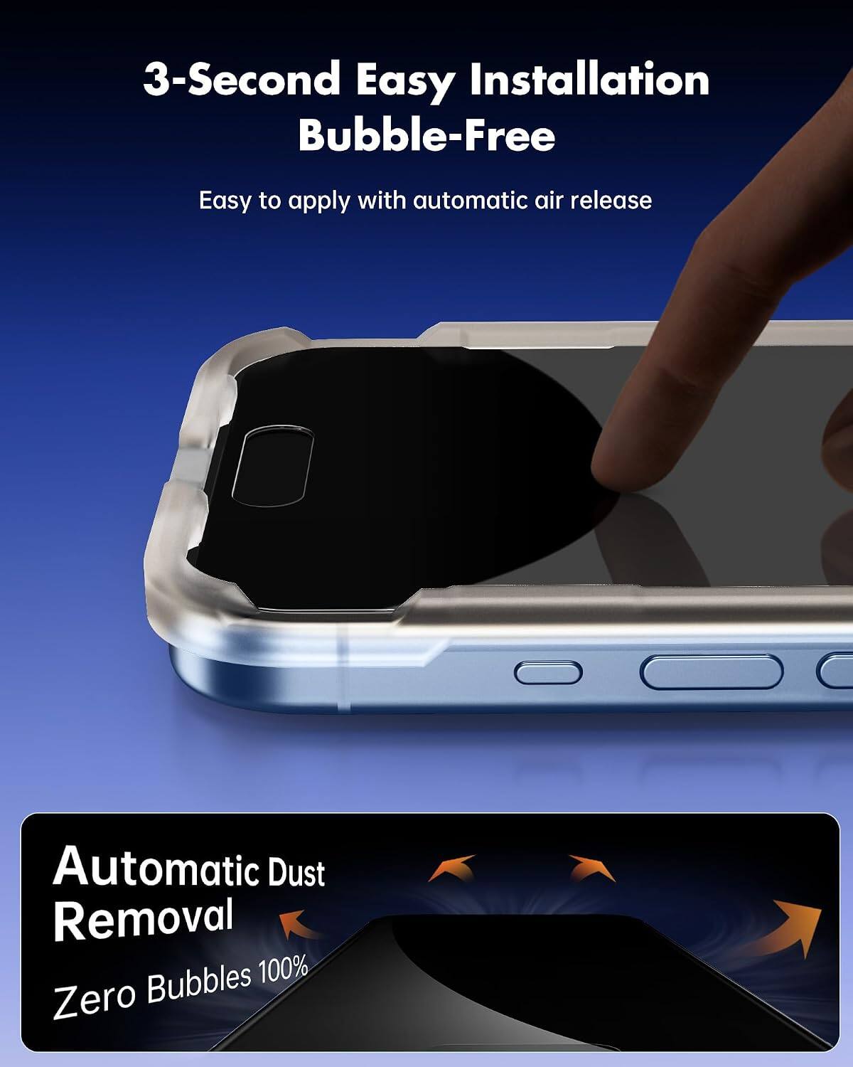 3-Second Easy Installation Bubble-Free  
Easy to apply with automatic air release  
Automatic Dust Removal  
Zero Bubbles 100%