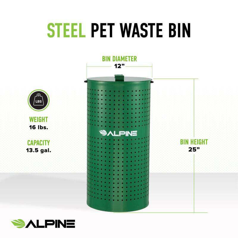 STEEL PET WASTE BIN
BIN DIAMETER 12"
WEIGHT 16 lbs.
CAPACITY 13.5 gal.
BIN HEIGHT 25"
ALPINE