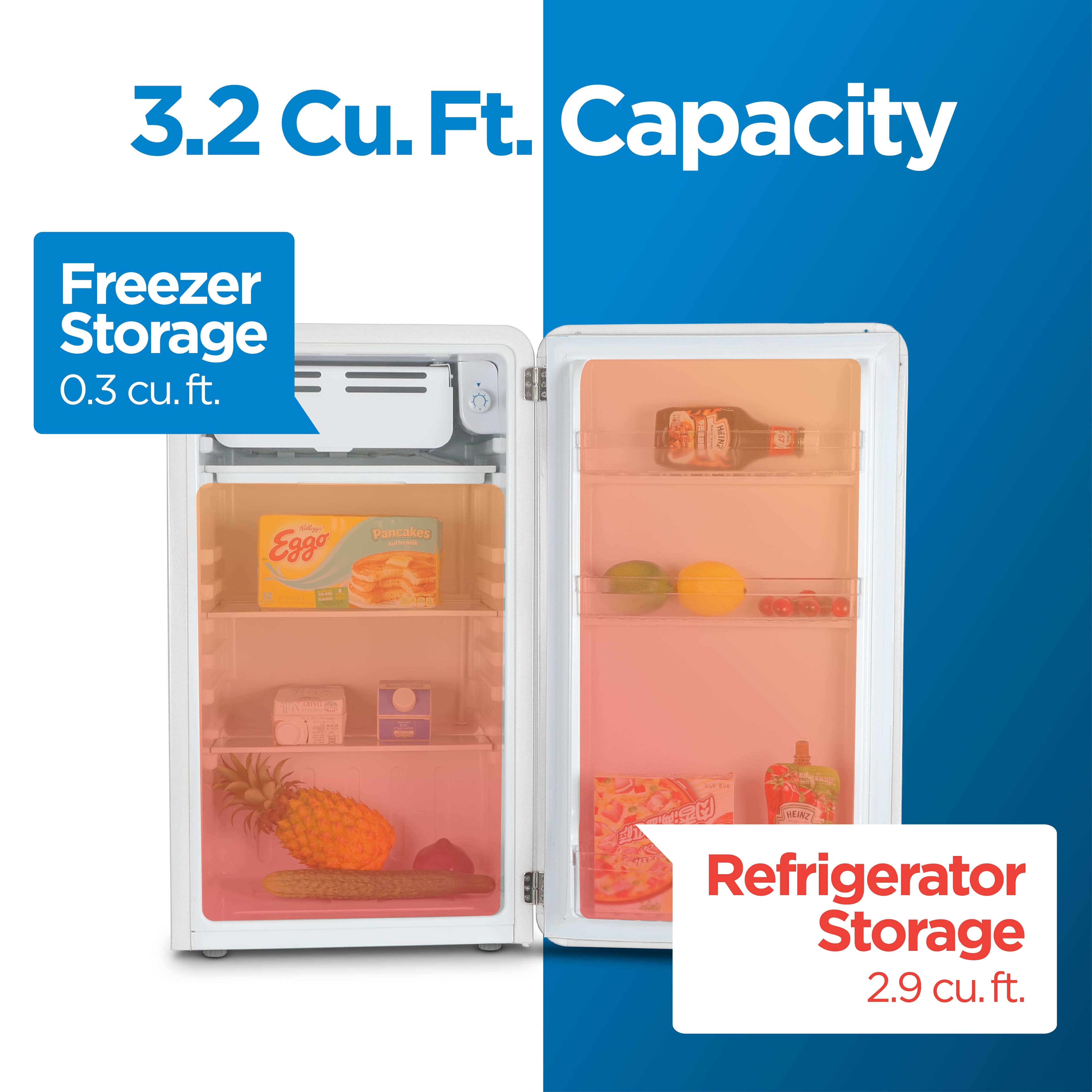 3.2 Cu. Ft. Capacity
Freezer Storage 0.3 cu. ft.
Refrigerator Storage 2.9 cu. ft.