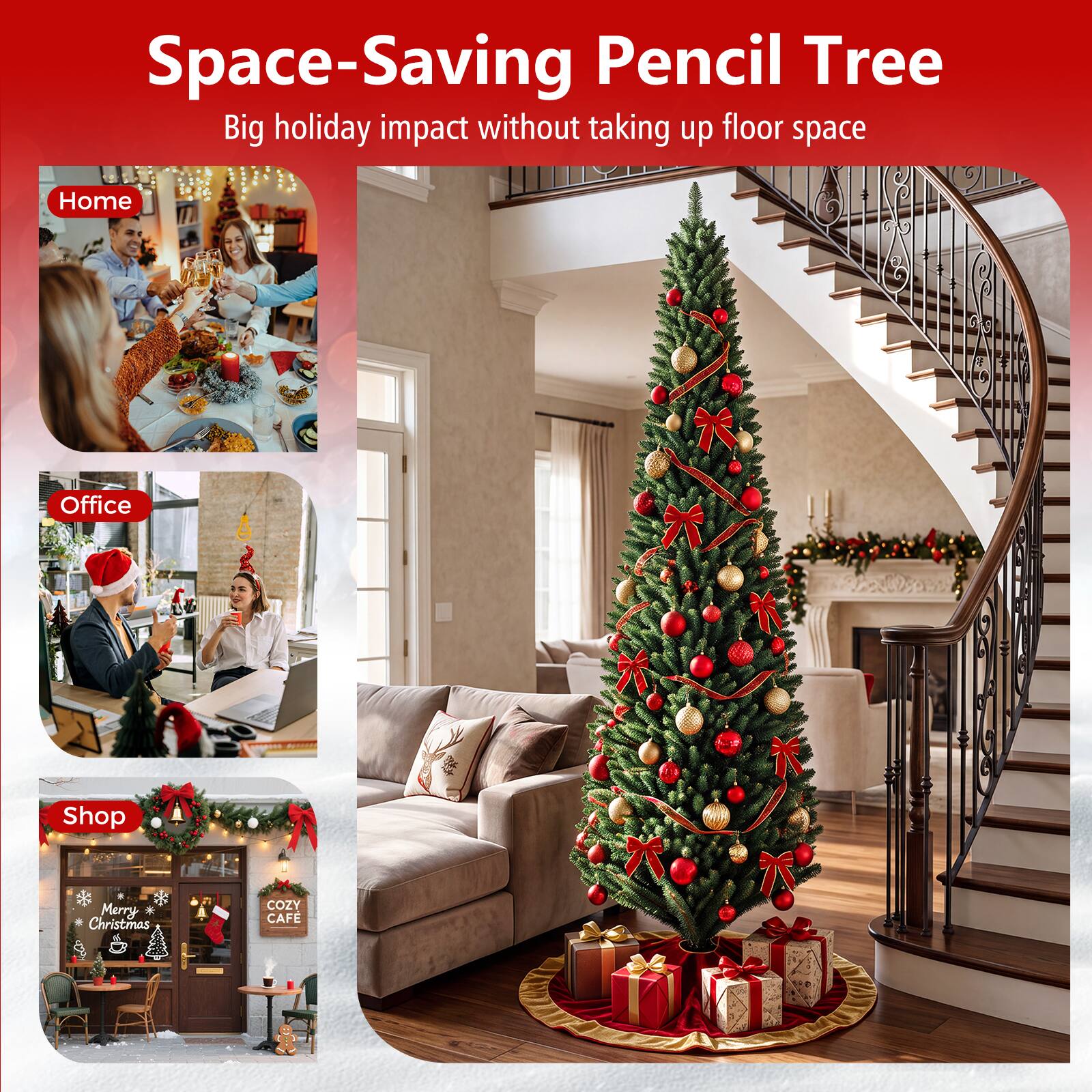 Space-Saving Pencil Tree  
Big holiday impact without taking up floor space  

Home  
Office  
Shop  
Merry Christmas  
COZY CAFE
