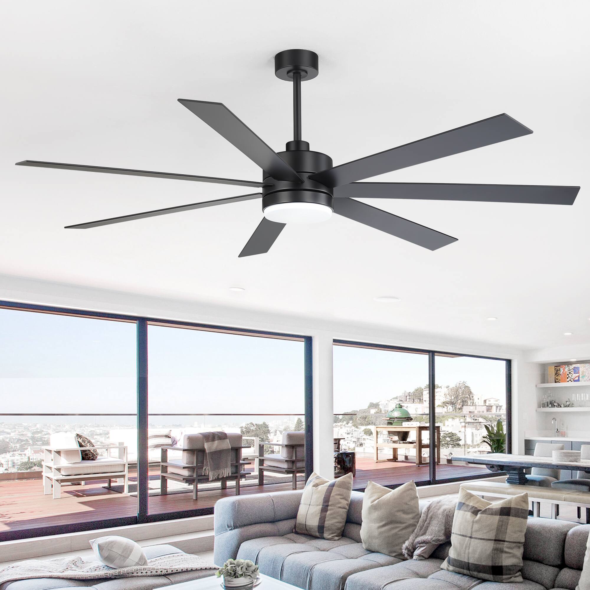 Alt View 8. Breezary - 72-Inch LED Ceiling Fan - 7 Blades, 24W LED Light, DC Motor, 6 Speeds, Memory Function, Remote Control, Timer, Downrods - Black.