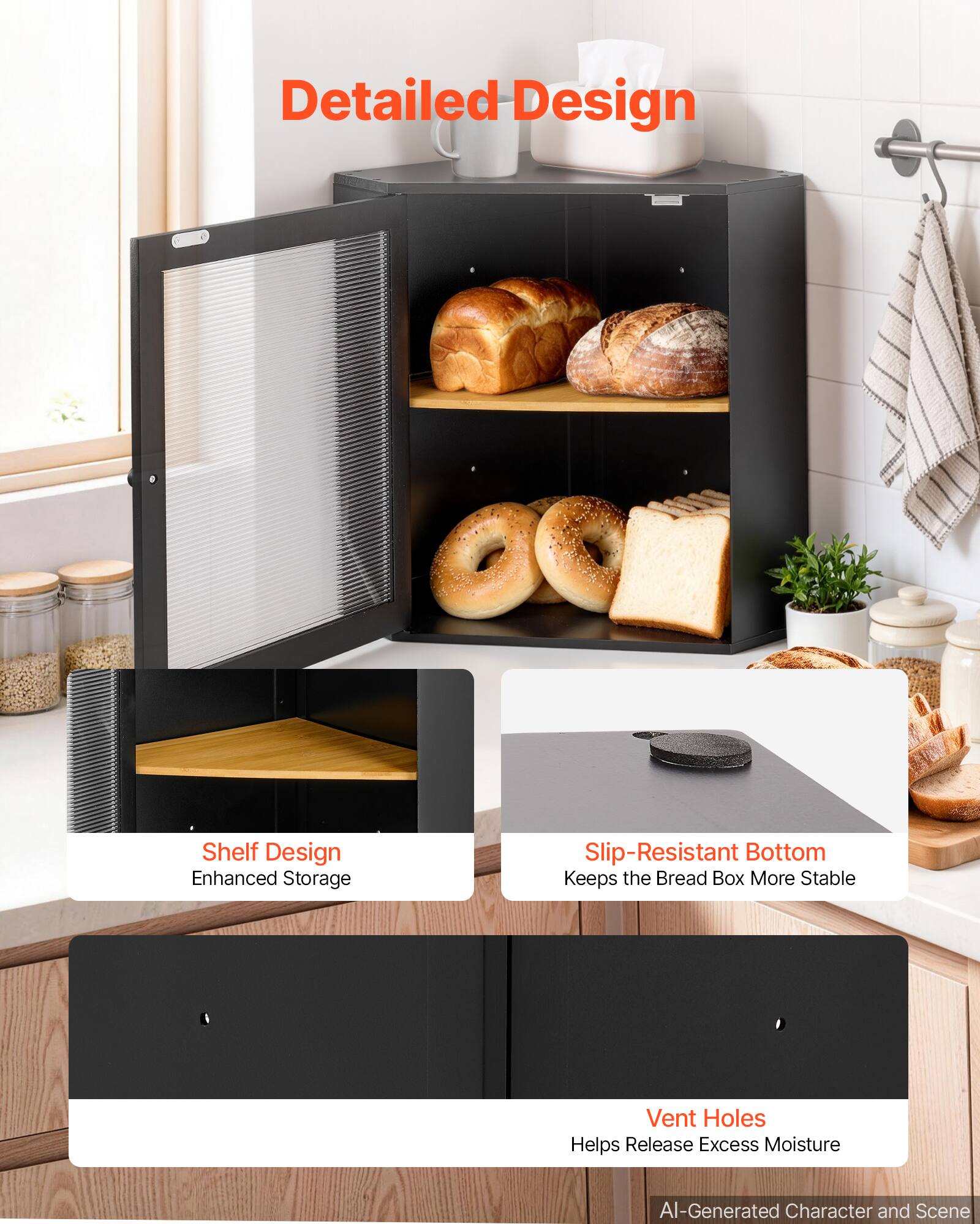 Detailed Design

Shelf Design Enhanced Storage

Slip-Resistant Bottom Keeps the Bread Box More Stable

Vent Holes Helps Release Excess Moisture

AI-Generated Character and Scene