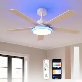 Lumary - 52" Smart RGBAI Ceiling Fan, WiFi Bluetooth Flush Mount, Works with Alexa/Google/App/Remote, 5"/10" Downrods - White