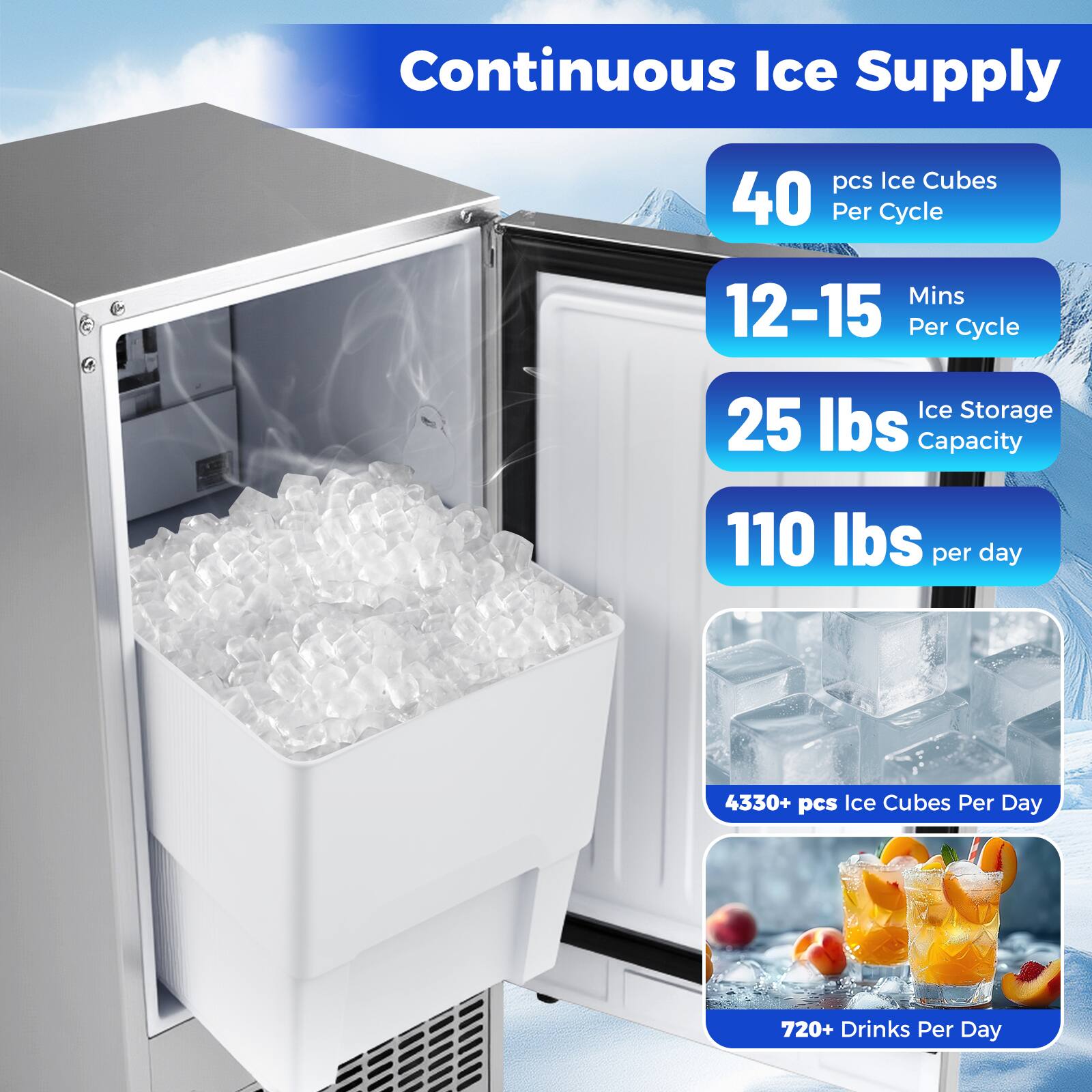 Continuous Ice Supply  
- 40 pcs Ice Cubes Per Cycle  
- 12-15 Mins Per Cycle  
- 25 lbs Ice Storage Capacity  
- 110 lbs per day  
- 4330+ pcs Ice Cubes Per Day  
- 720+ Drinks Per Day