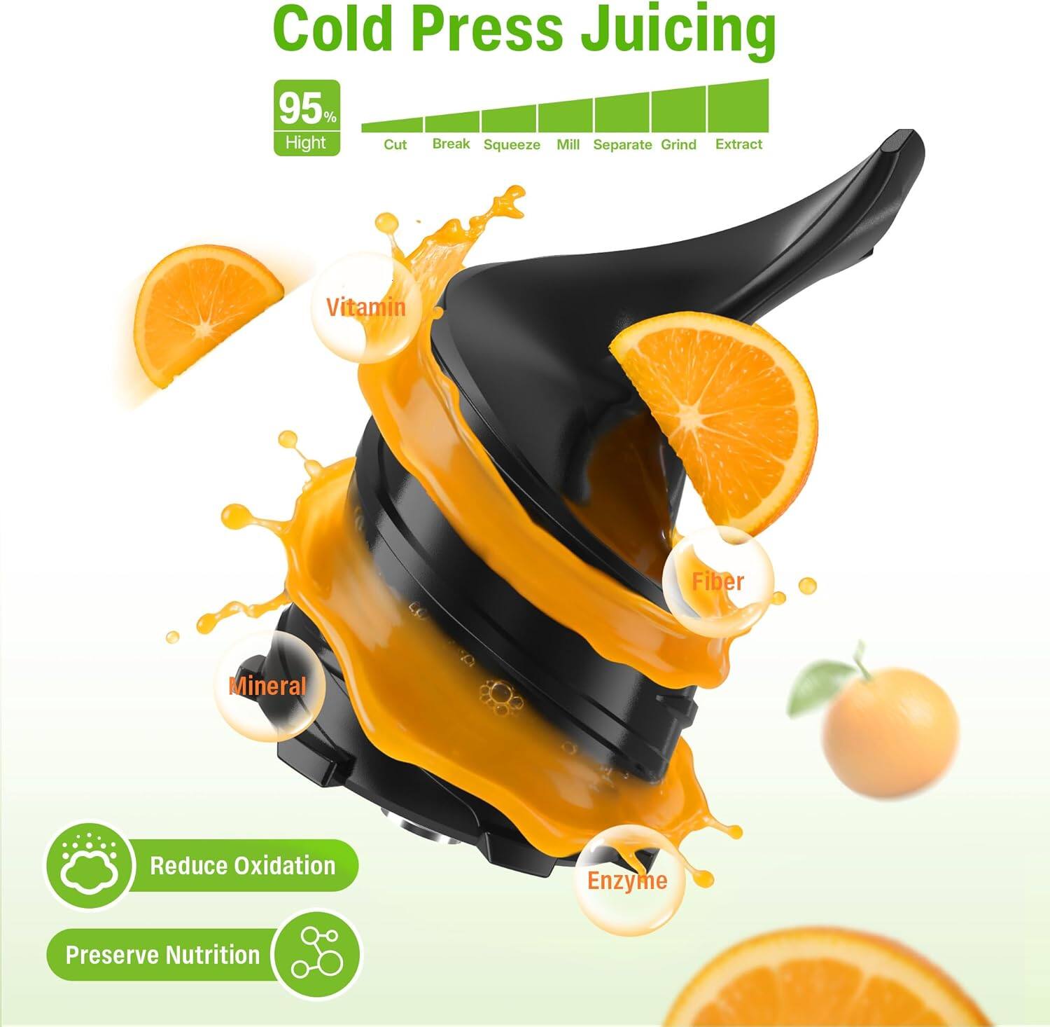 Cold Press Juicing  
95% High Cut Break Squeeze Mill Separate Grind Extract  
Vitamin Fiber Mineral  
Reduce Oxidation Enzyme Preserve Nutrition