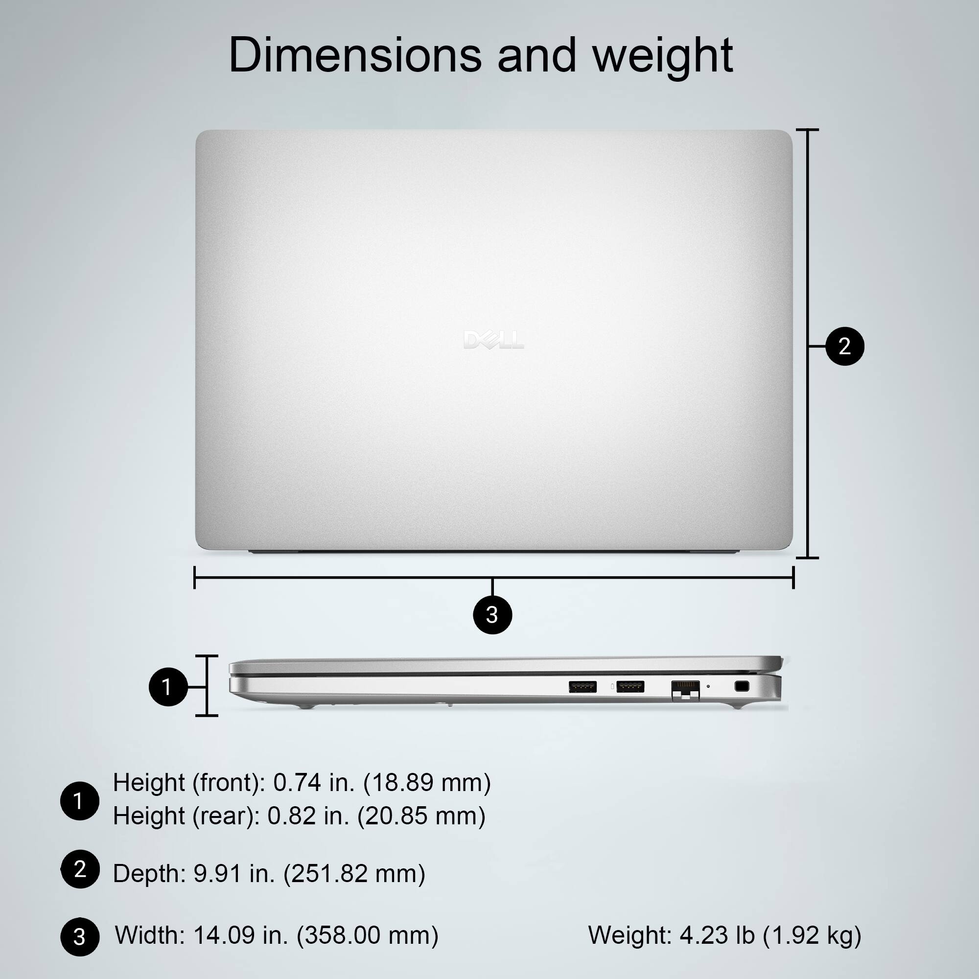 Dimensions and weight

1. Height (front): 0.74 in. (18.89 mm)
2. Height (rear): 0.82 in. (20.85 mm)
3. Depth: 9.91 in. (251.82 mm)
4. Width: 14.09 in. (358.00 mm)
5. Weight: 4.23 lb (1.92 kg)