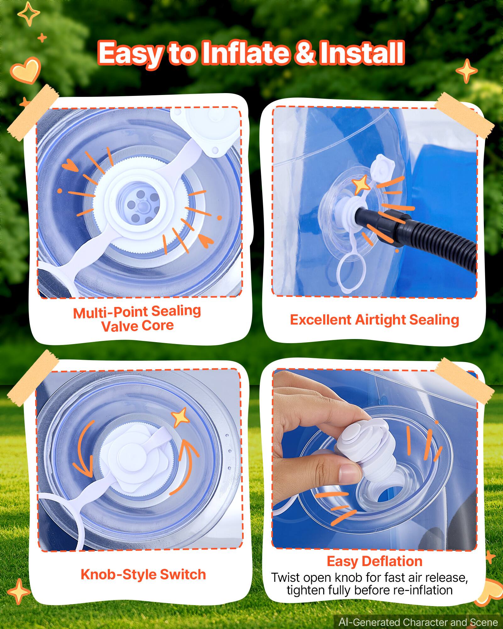 Easy to Inflate & Install

Multi-Point Sealing Valve Core

Excellent Airtight Sealing

Knob-Style Switch

Easy Deflation
Twist open knob for fast air release, tighten fully before re-inflation

AI-Generated Character and Scene