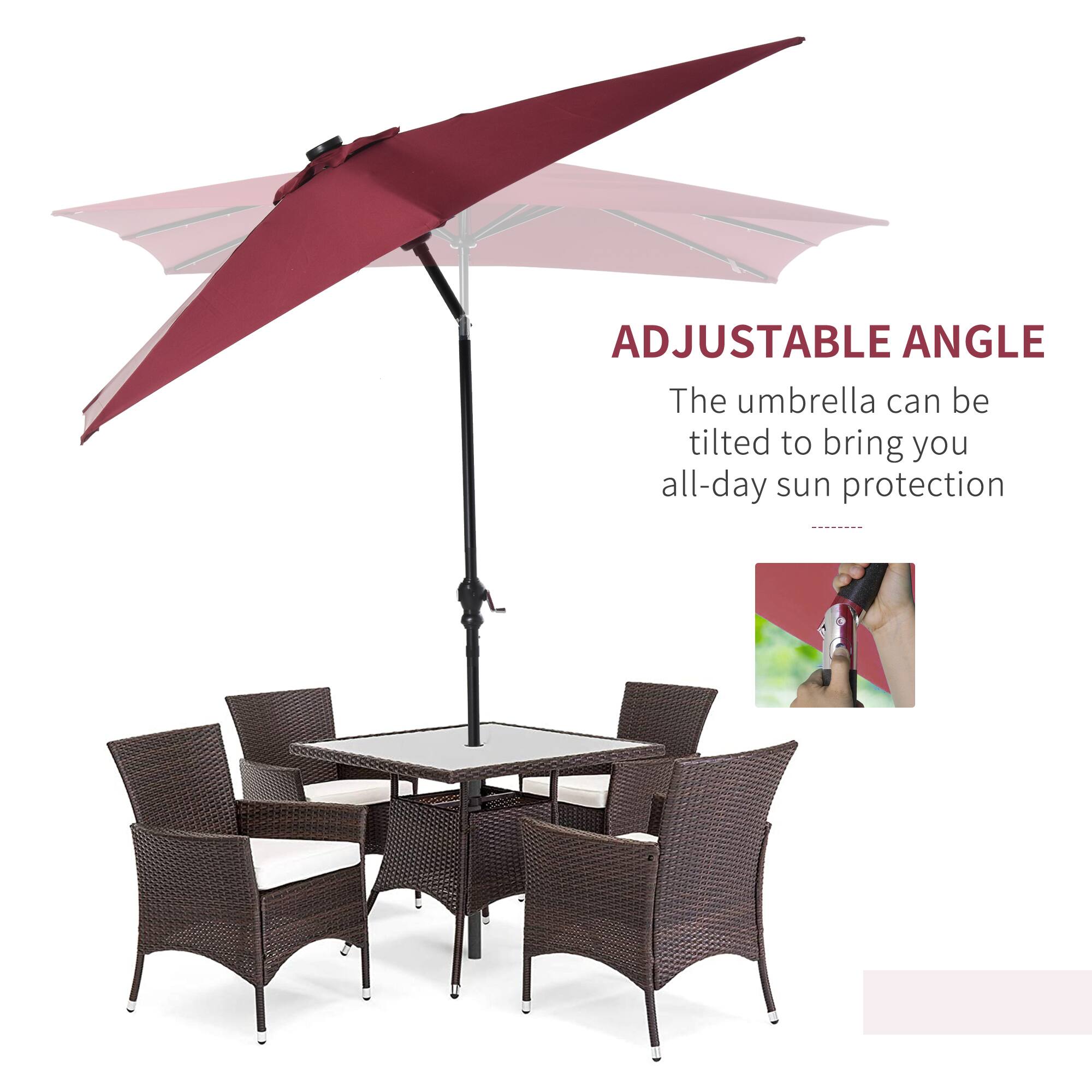 ADJUSTABLE ANGLE
The umbrella can be tilted to bring you all-day sun protection