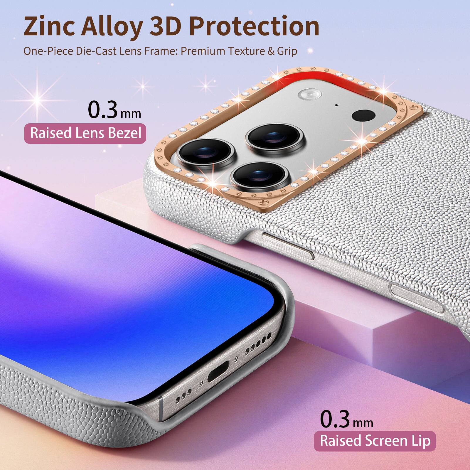 Zinc Alloy 3D Protection  
One-Piece Die-Cast Lens Frame: Premium Texture & Grip  
0.3 mm Raised Lens Bezel  
0.3 mm Raised Screen Lip