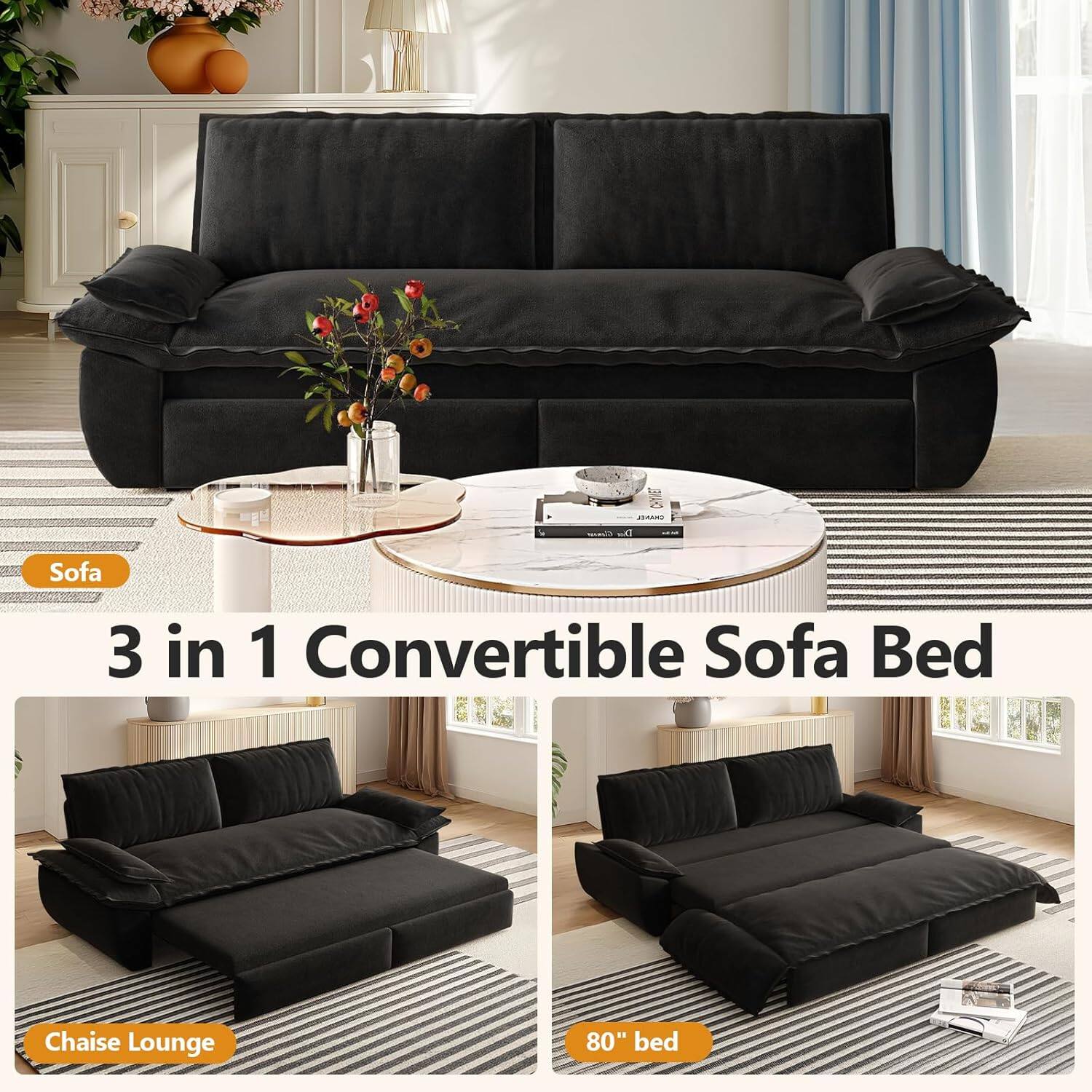 Sofa 3 in 1 Convertible Sofa Bed Chaise Lounge 80" bed