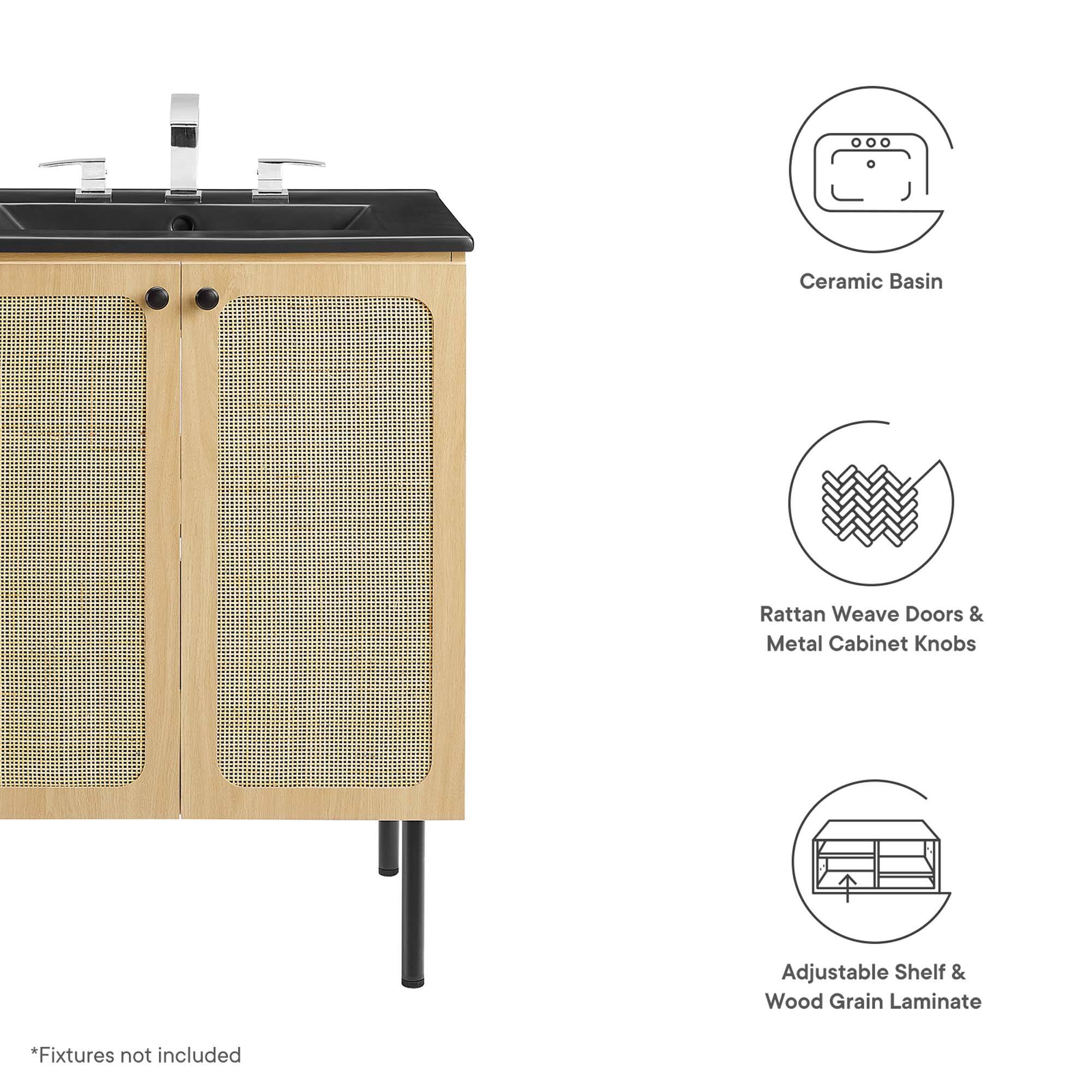 Ceramic Basin  
Rattan Weave Doors & Metal Cabinet Knobs  
Adjustable Shelf & Wood Grain Laminate  

*Fixtures not included