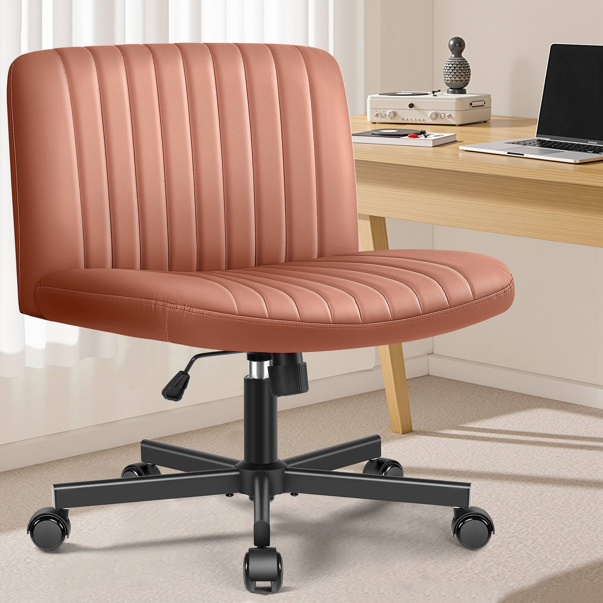 Alt View 4. KERDOM - Armless Wide Seat PU leather Vanity Chair with Wheels, Mid Back Swivel Cross Legged Office Chair, Height Adjustable - Brown.