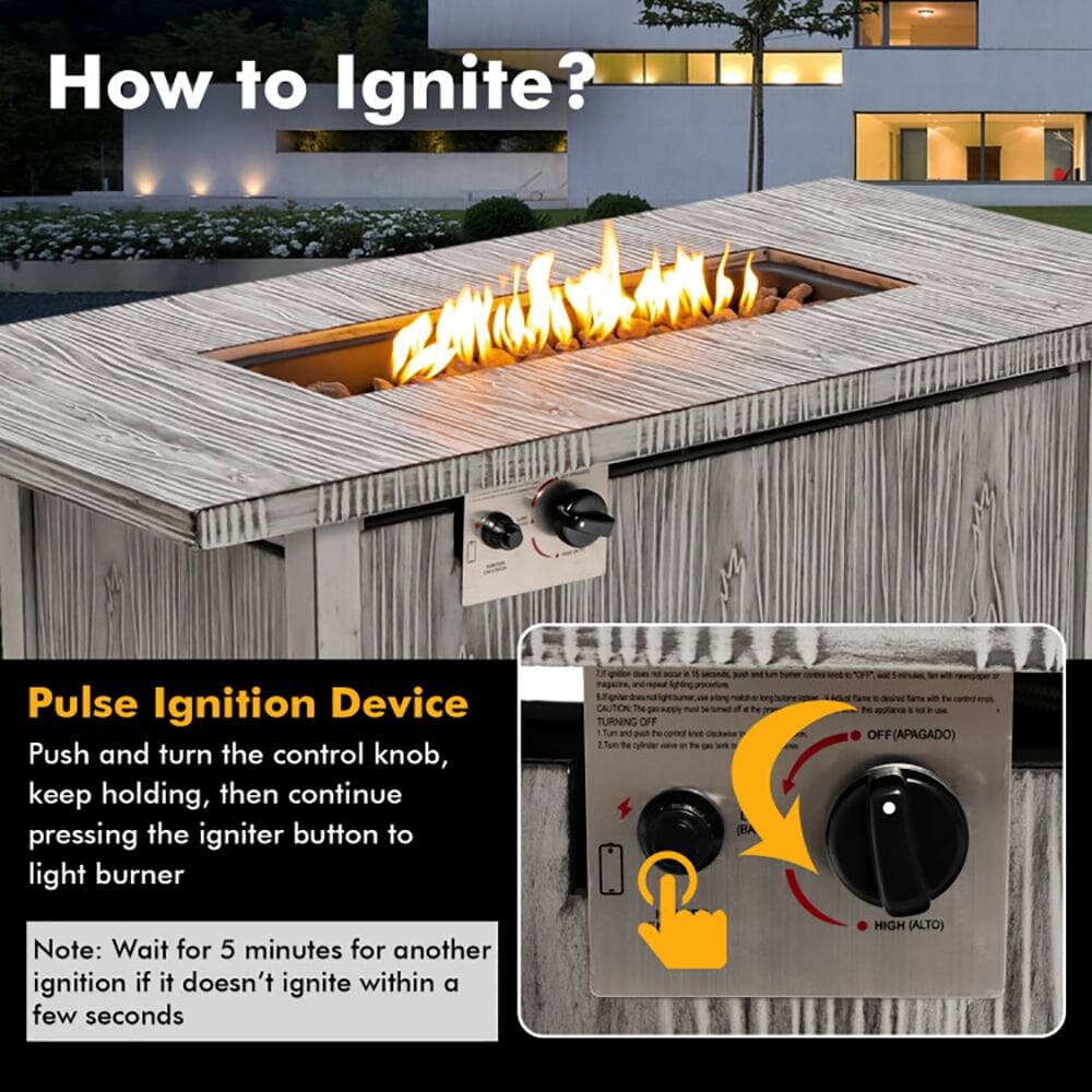 How to Ignite?

Pulse Ignition Device

Push and turn the control knob, keep holding, then continue pressing the igniter button to light burner

Note: Wait for 5 minutes for another ignition if it doesn't ignite within a few seconds

CAUTION

TURNING OFF
- OFF (APAGADO)
- HIGH (ALTO)