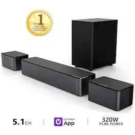 Ultimea - Poseidon M3T 5.1 Surround Sound Bar, with Wireless Subwoofer and Rear Speakers, 350W - Black