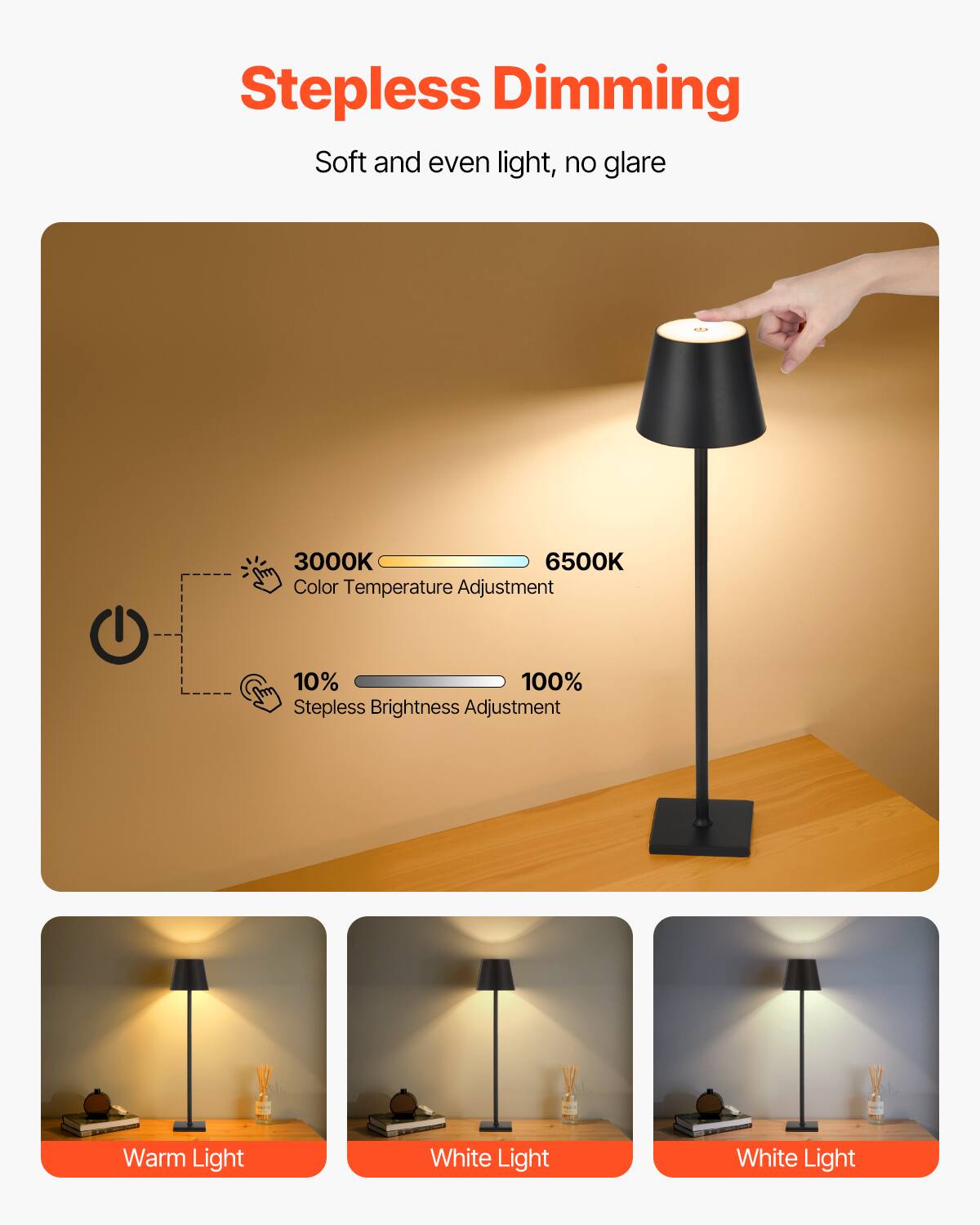 Stepless Dimming  
Soft and even light, no glare  

3000K - 6500K Color Temperature Adjustment  
10% - 100% Stepless Brightness Adjustment  

Warm Light  
White Light  
White Light