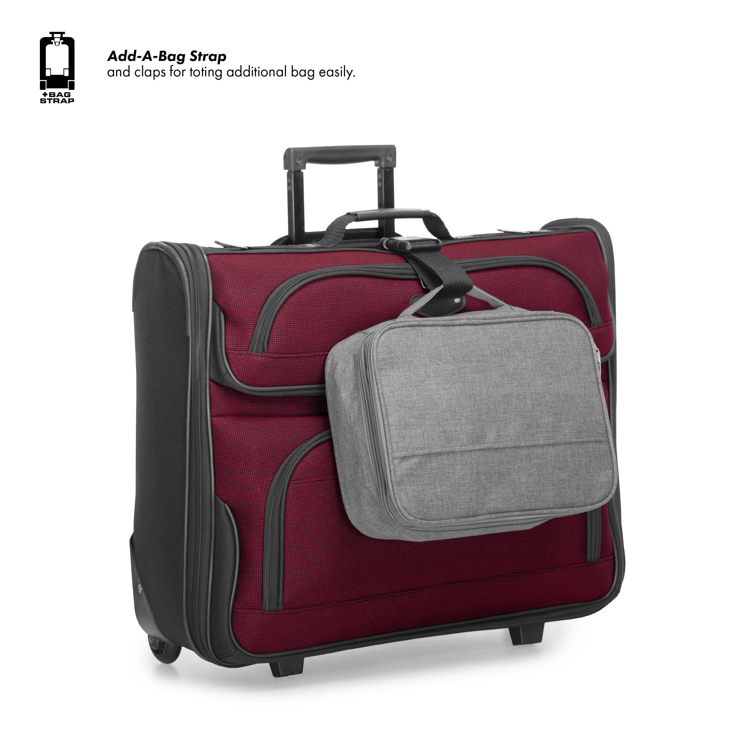 Add-A-Bag Strap and claps for toting additional bag easily.