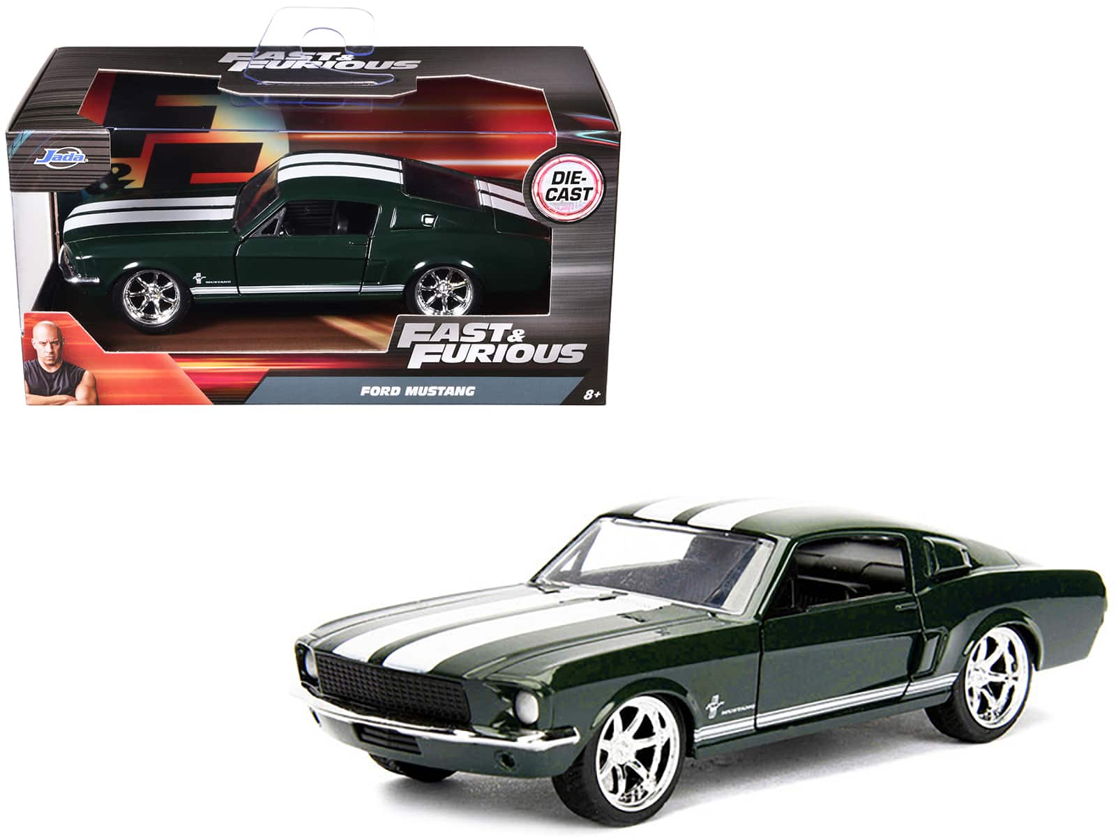 Sean's Ford Mustang Stripes "Fast & Furious" Movie 1/32 Diecast Model Car by Jada - Dark Green with White