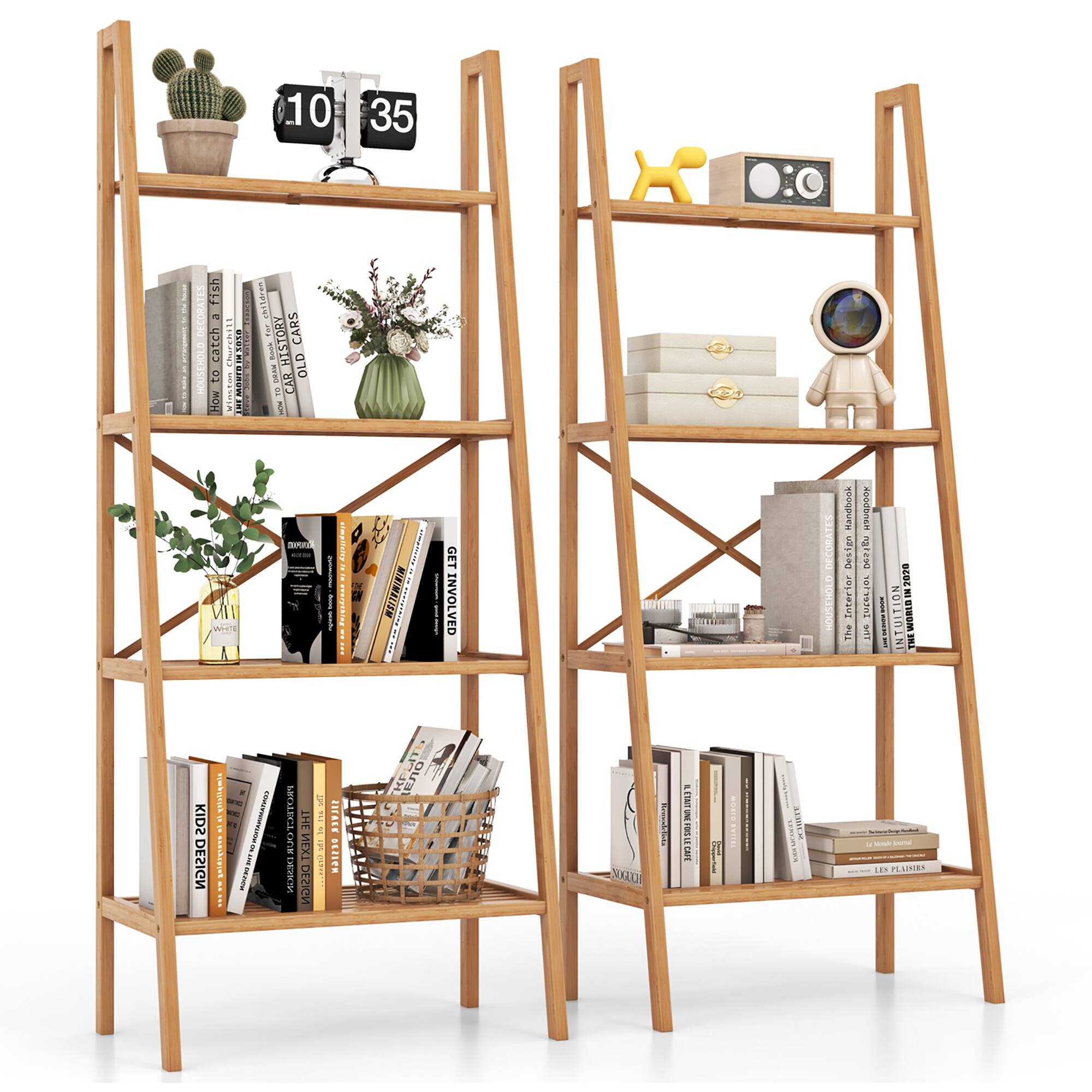 Gymax - 2PCS 4-Tier Bamboo Ladder Bookshelf 58'' Display Shelf Storage Rack Plant Stand - Natural