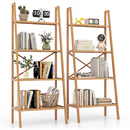 Front. Gymax - Gymax 2PCS 4-Tier Bamboo Ladder Bookshelf 58'' Display Shelf Storage Rack Plant Stand - Natural.