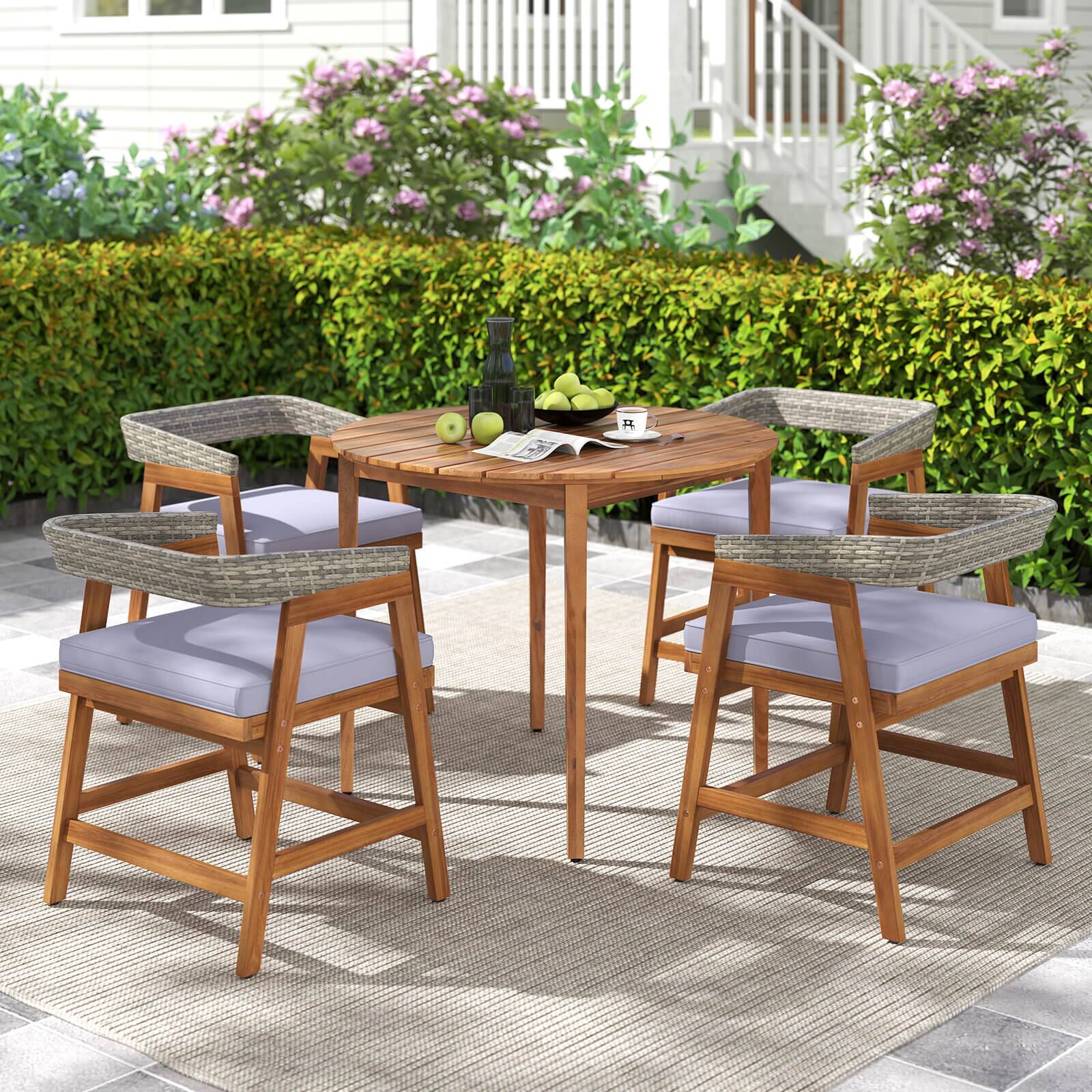 Alt View 4. Costway - Costway 5 Piece Patio Dining Set Outdoor Solid Wood Furniture with Rattan Backrest - Mix Gray.