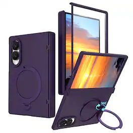 Dteck - Shockproof Magnetic Phone Case for Samsung Galaxy Z Fold8 with Kickstand, Rigid PC Protective Cover Built-in Screen Film - Darkpurple