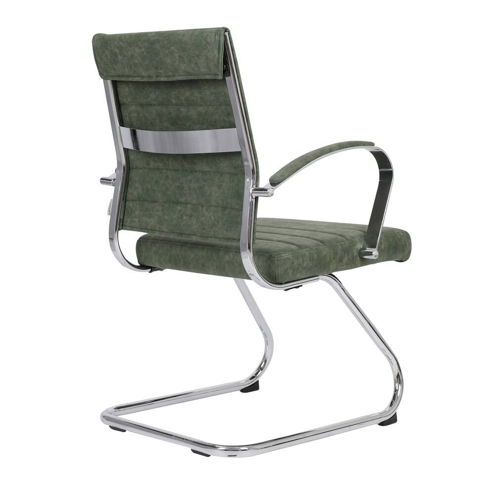 Alt View 6. LeisureMod - Benmar Office Chair, Ribbed Leather Upholstery with Chrome Arms and Sled Base, Modern Desk Seating for Home or Office - Green.