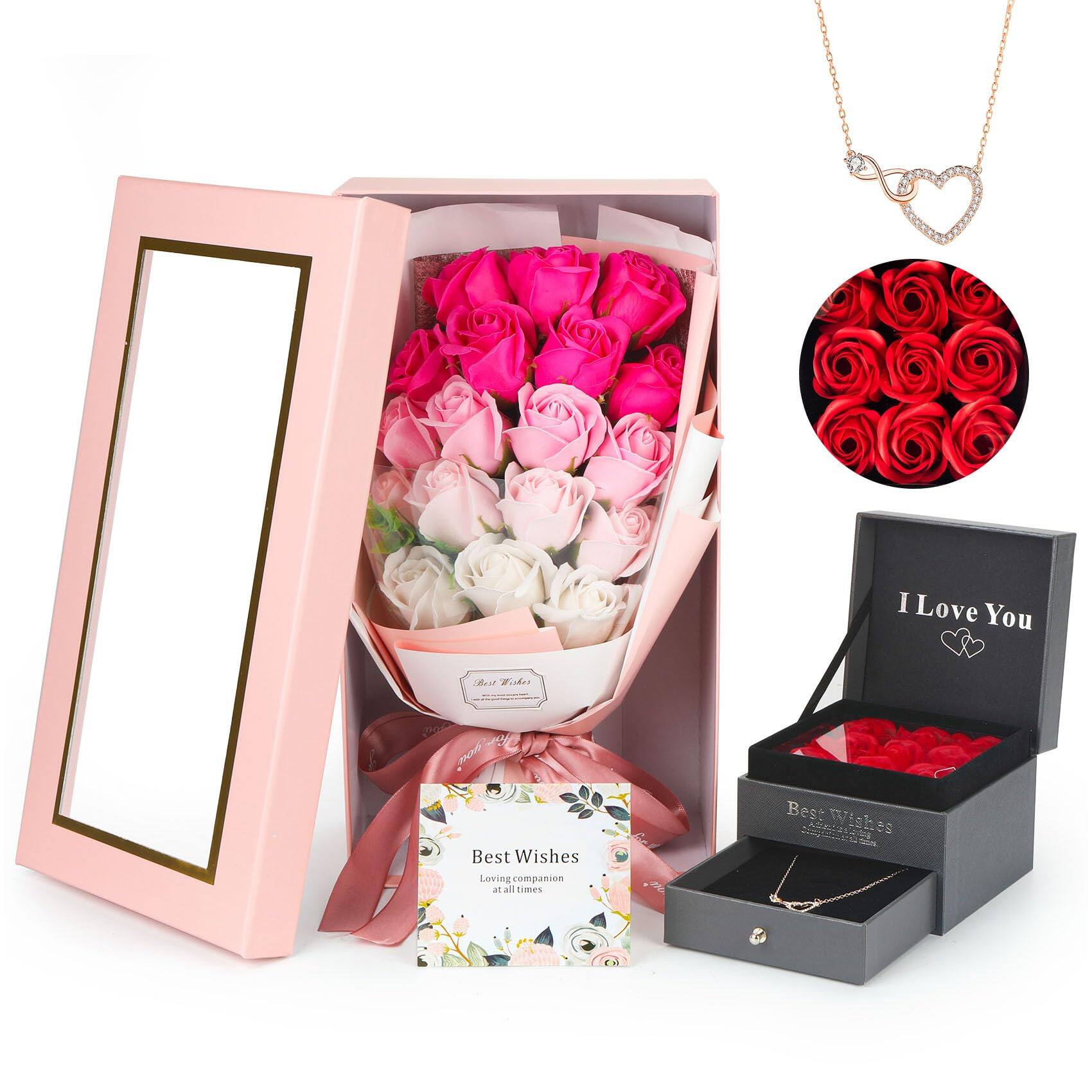 Fabibe - Rose Bouquet Rosas Eternas Preserved 18 Flower With Beautiful Love Necklace Gift For Birthday Valentine's Day Mother' - Pink and Red