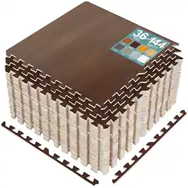 Sorbus - 144 Sq. Ft. Wood Grain Floor Tiles Foam Mat EVA Interlocking Mats Tile 3/8-Inch Thick Flooring Mats w/Borders - Mahogany