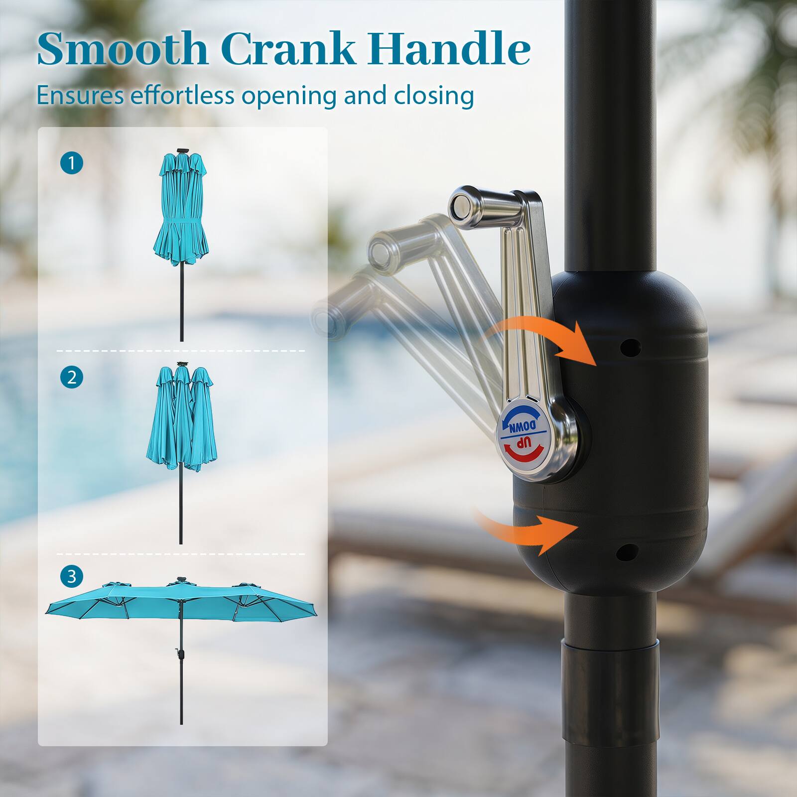 Smooth Crank Handle Ensures effortless opening and closing

1. DOWN
2. UP
3.