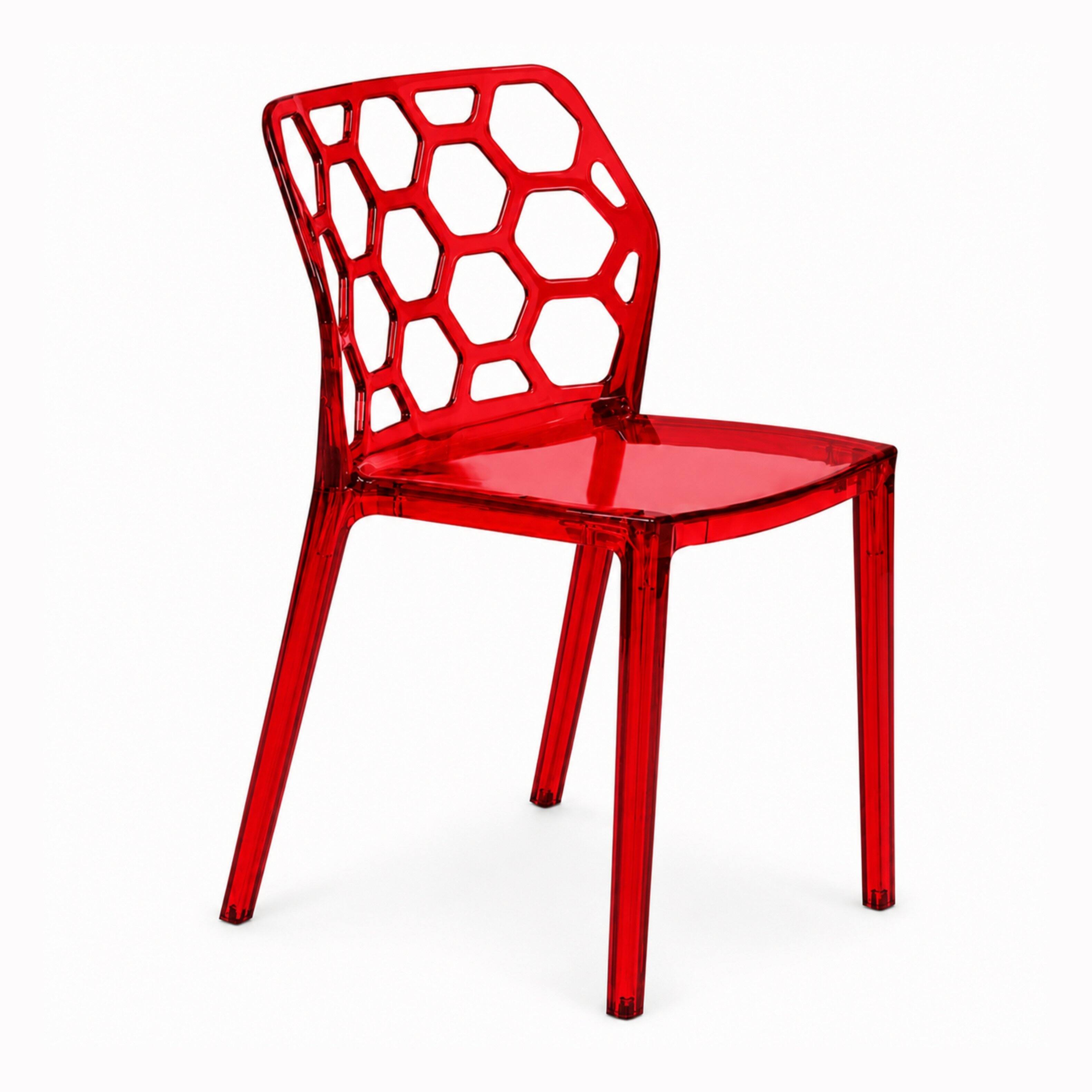 Front. LeisureMod - Dynamic Clear Acrylic Dining Chair with Honeycomb Design, Stackable & Floor-Safe Feet - Transparent Red.