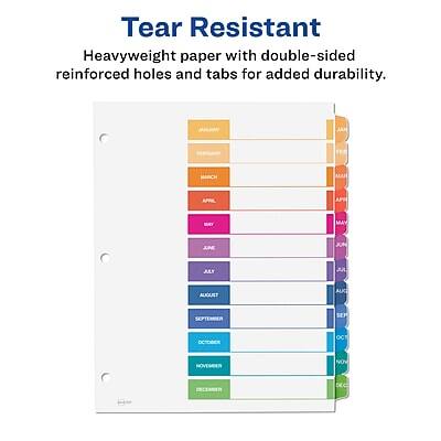 Tear Resistant  
Heavyweight paper with double-sided reinforced holes and tabs for added durability.

JANUARY  
FEBRUARY  
MARCH  
APRIL  
MAY  
JUNE  
JULY  
AUGUST  
SEPTEMBER  
OCTOBER  
NOVEMBER  
DECEMBER