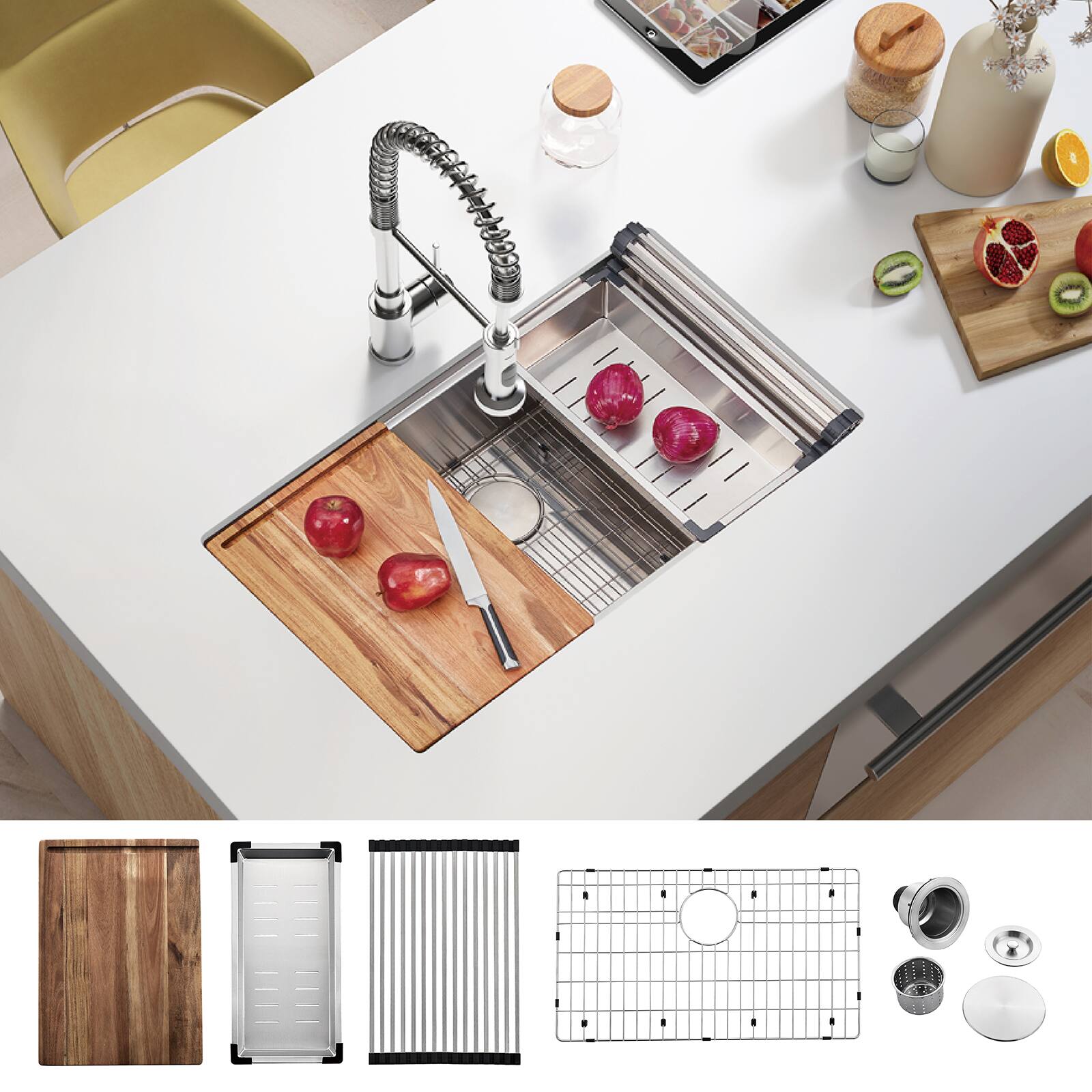 Angle. Akicon - Akicon 30 in. Undermount 18-Gauge Single Bowl Basin Stainless Steel Kitchen Sink with Grid, Board and Accessories - Silver.