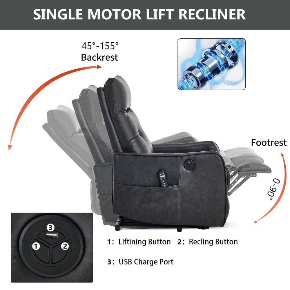 SINGLE MOTOR LIFT RECLINER

45°-155° Backrest

Footrest 0°-90°

1: Lifting Button
2: Reclining Button
3: USB Charge Port