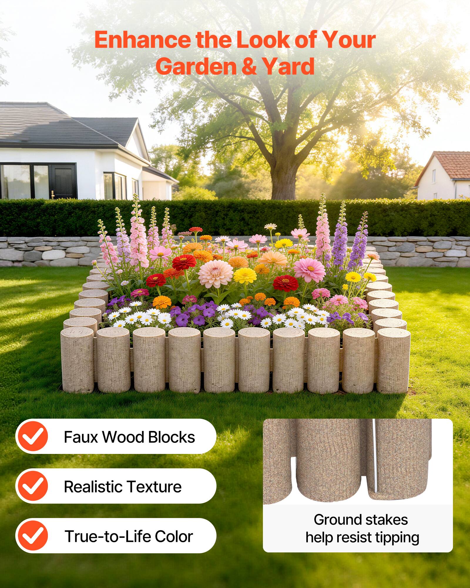 Enhance the Look of Your Garden & Yard

- Faux Wood Blocks
- Realistic Texture
- True-to-Life Color

Ground stakes help resist tipping