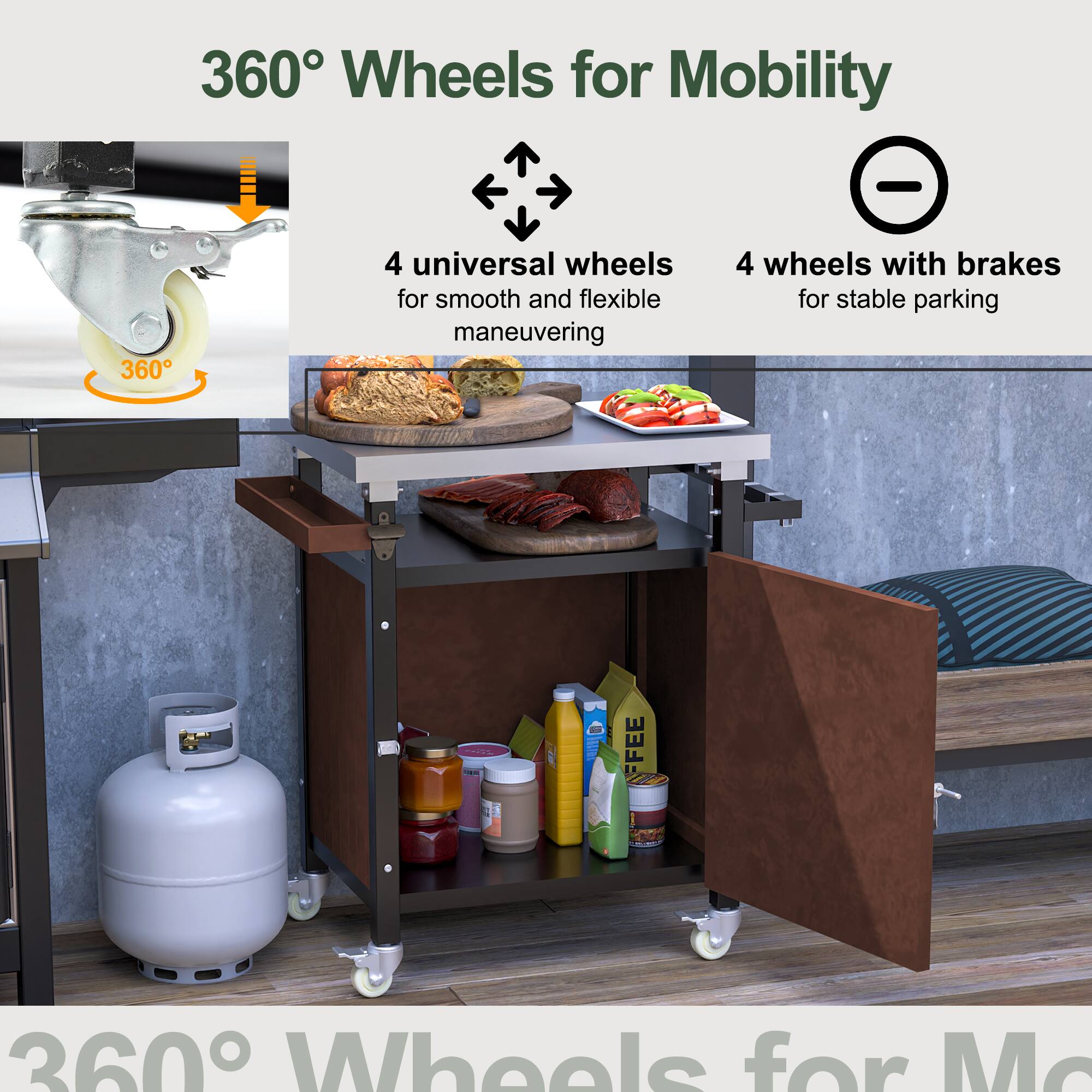 360° Wheels for Mobility

4 universal wheels for smooth and flexible maneuvering

4 wheels with brakes for stable parking